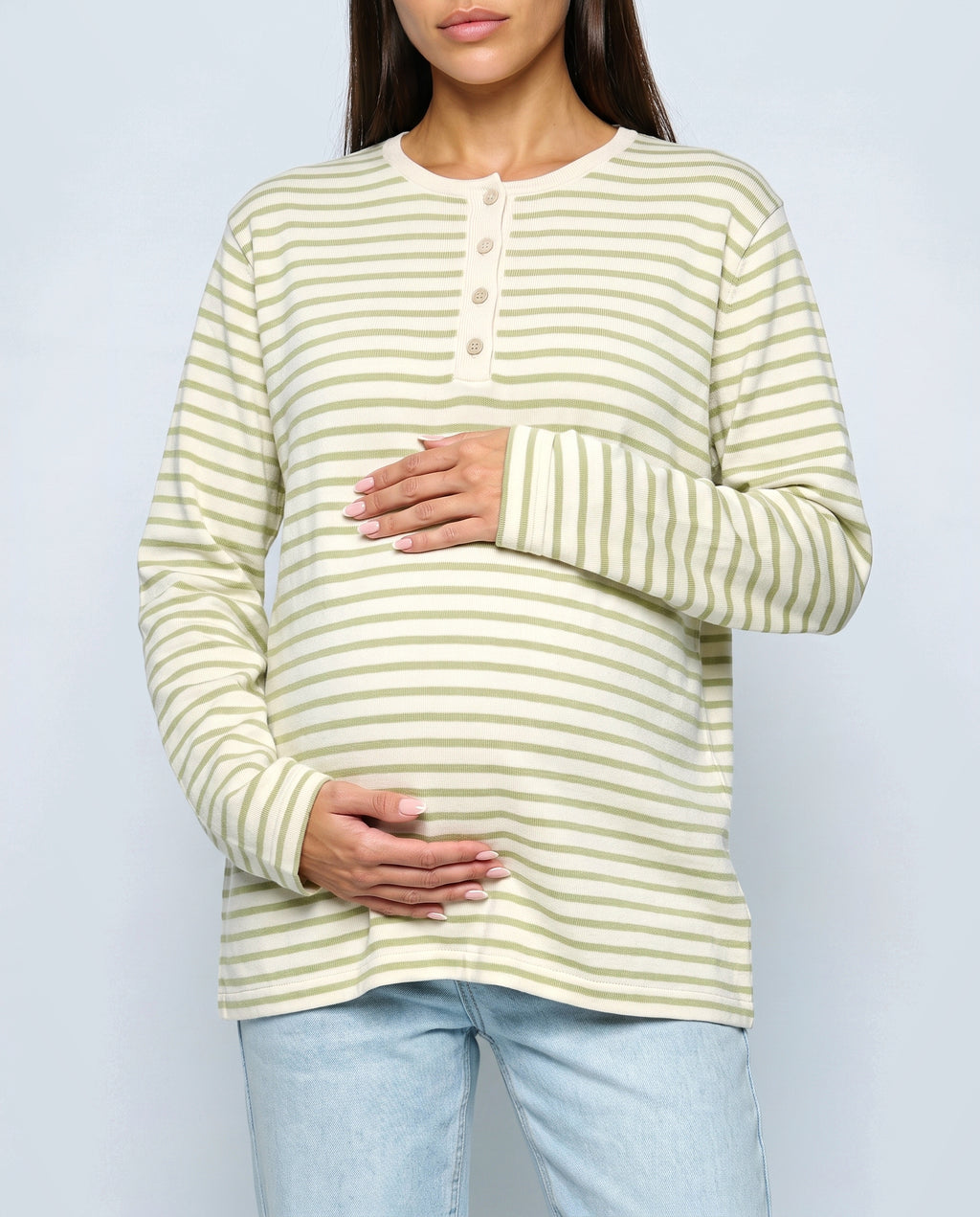 The Relaxed Maternity Stripe Top in Olive stripe, fabric detail