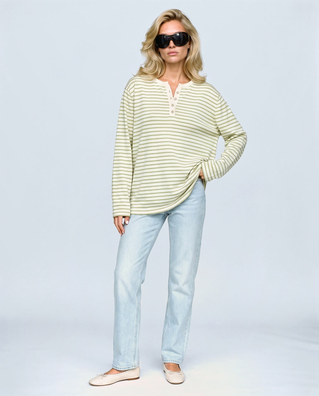 The Relaxed Maternity Stripe Top in Olive stripe, front view on a non-pregnant model
