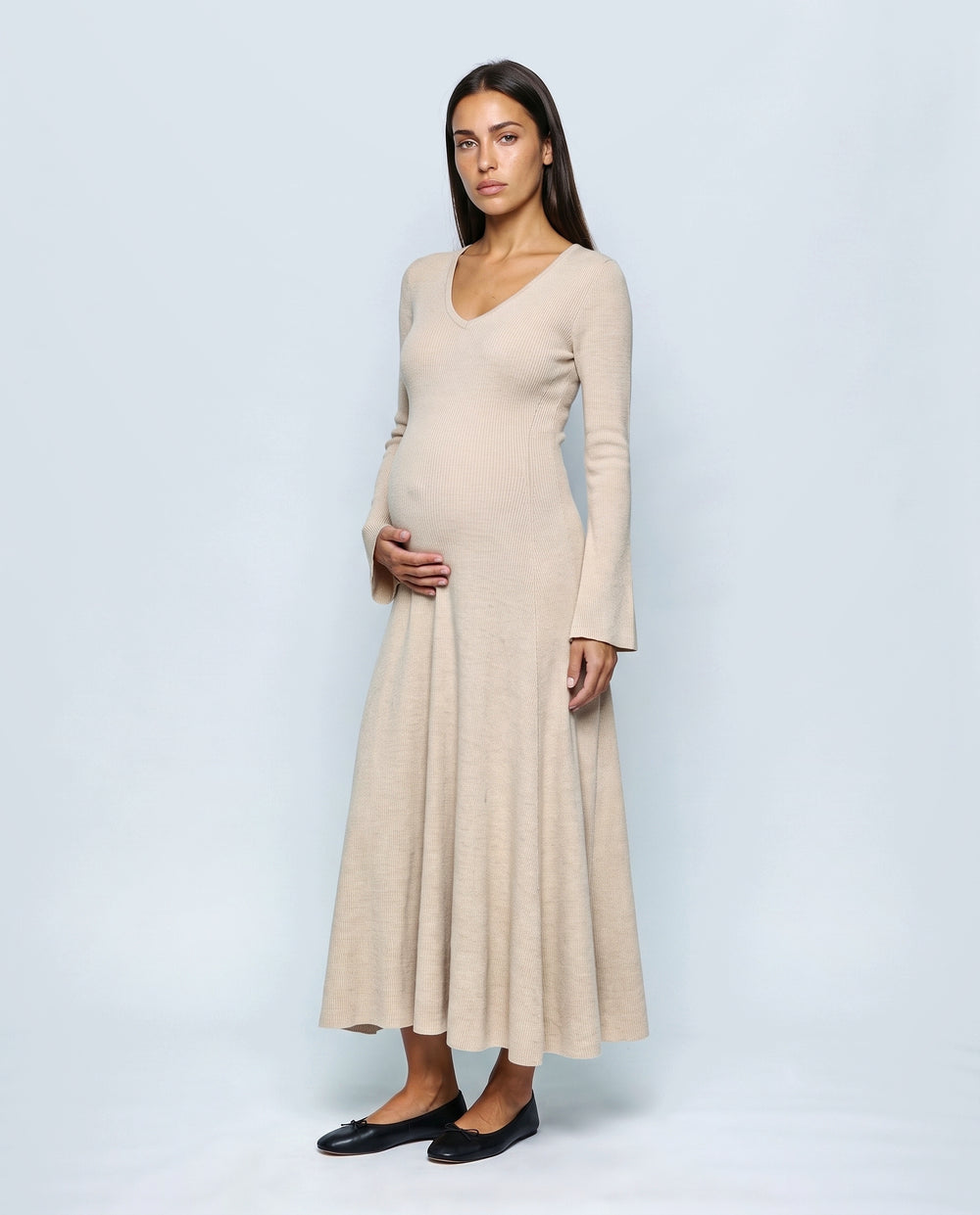 Sylvie V-Neck Knit Maxi Dress in Apricot beige, front view