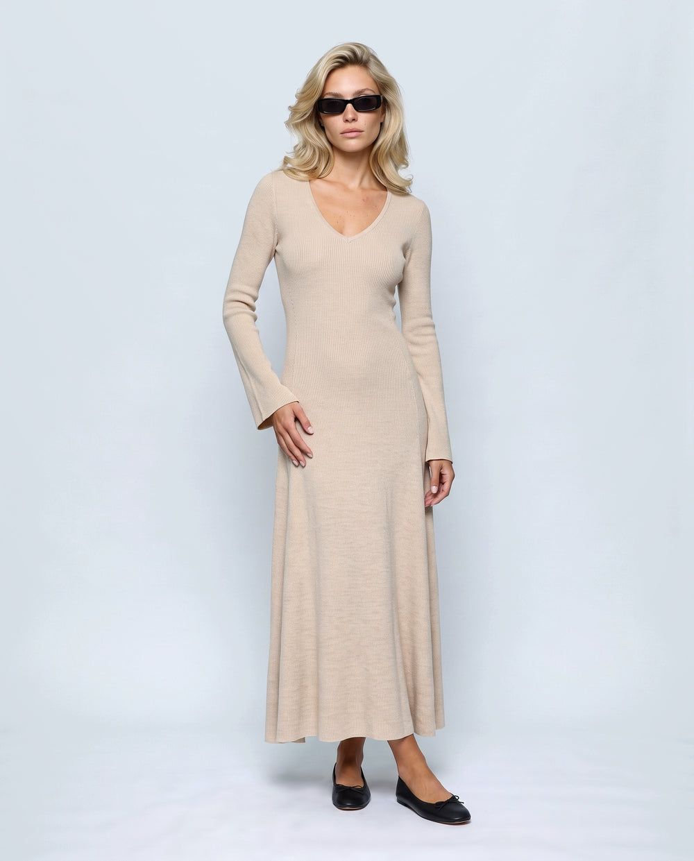 Sylvie V-Neck Knit Maxi Dress in Apricot beige, front view on a non-pregnant model