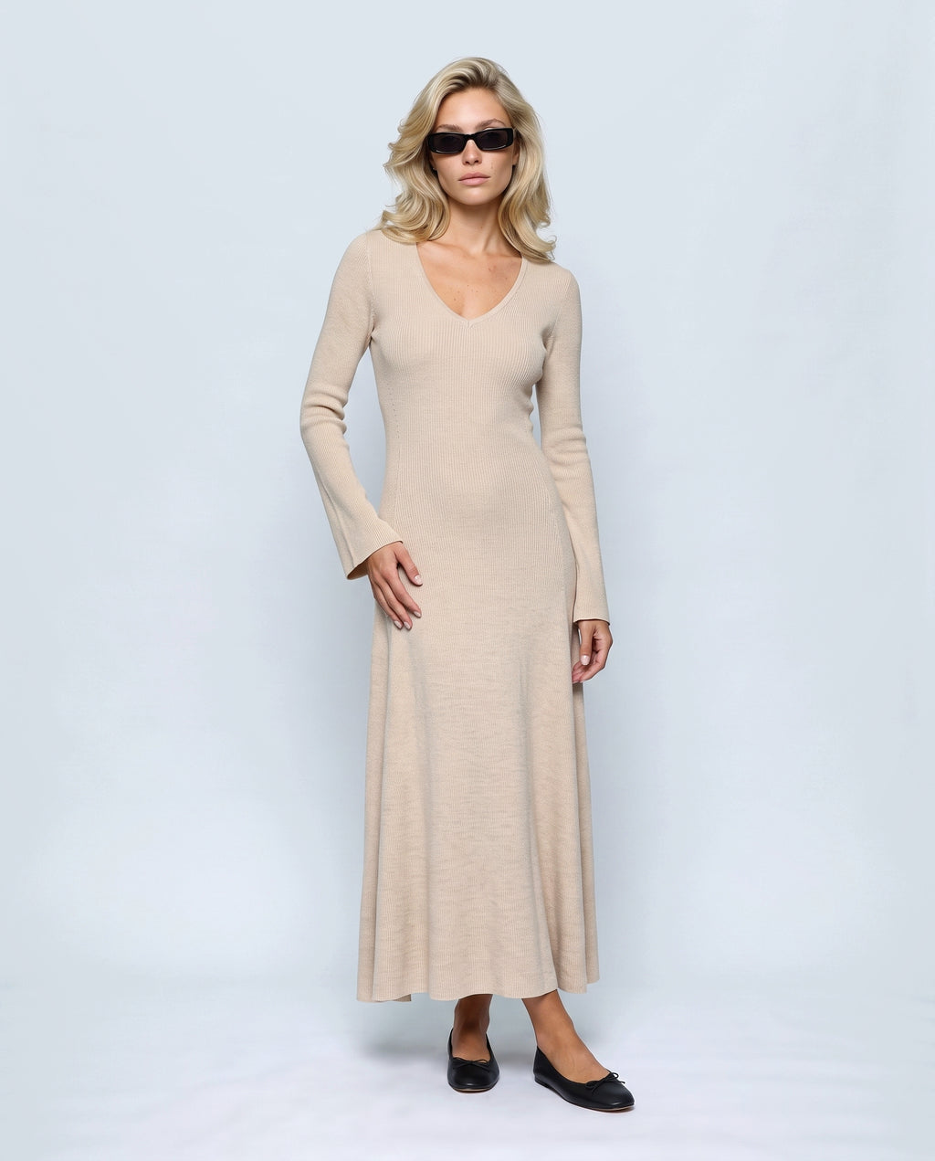 Sylvie V-Neck Knit Maxi Dress in Apricot beige, front view on a non-pregnant model