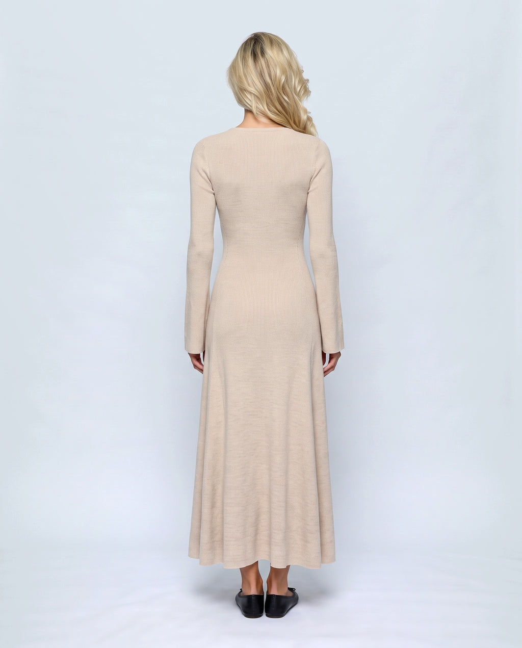 Sylvie V-Neck Knit Maxi Dress in Apricot beige, back view on a non-pregnant model