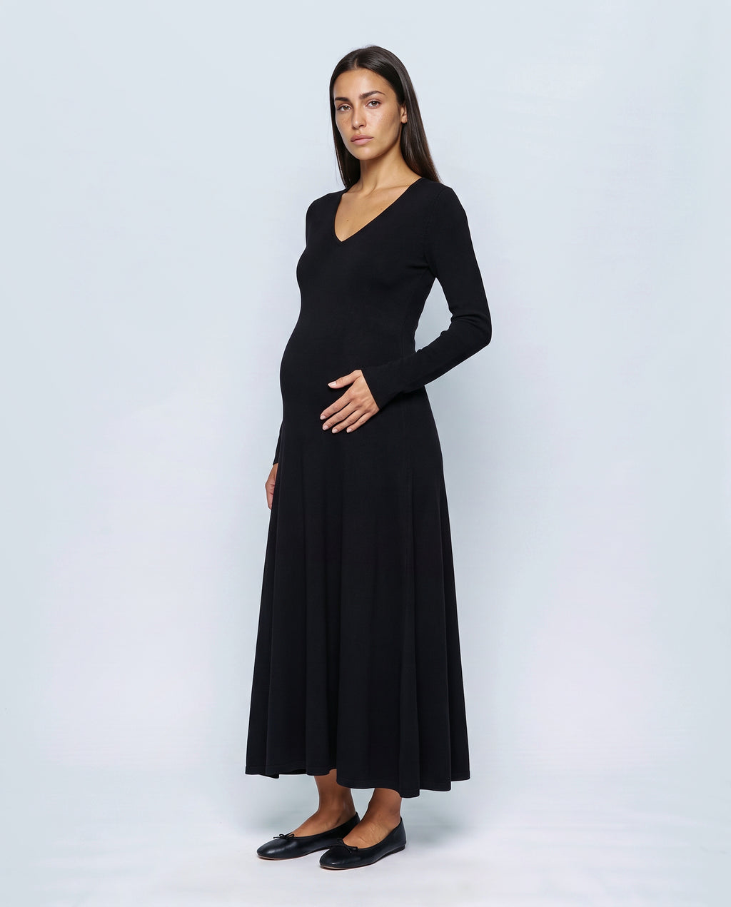 Sylvie V-Neck Knit Maxi Dress in Black, front view