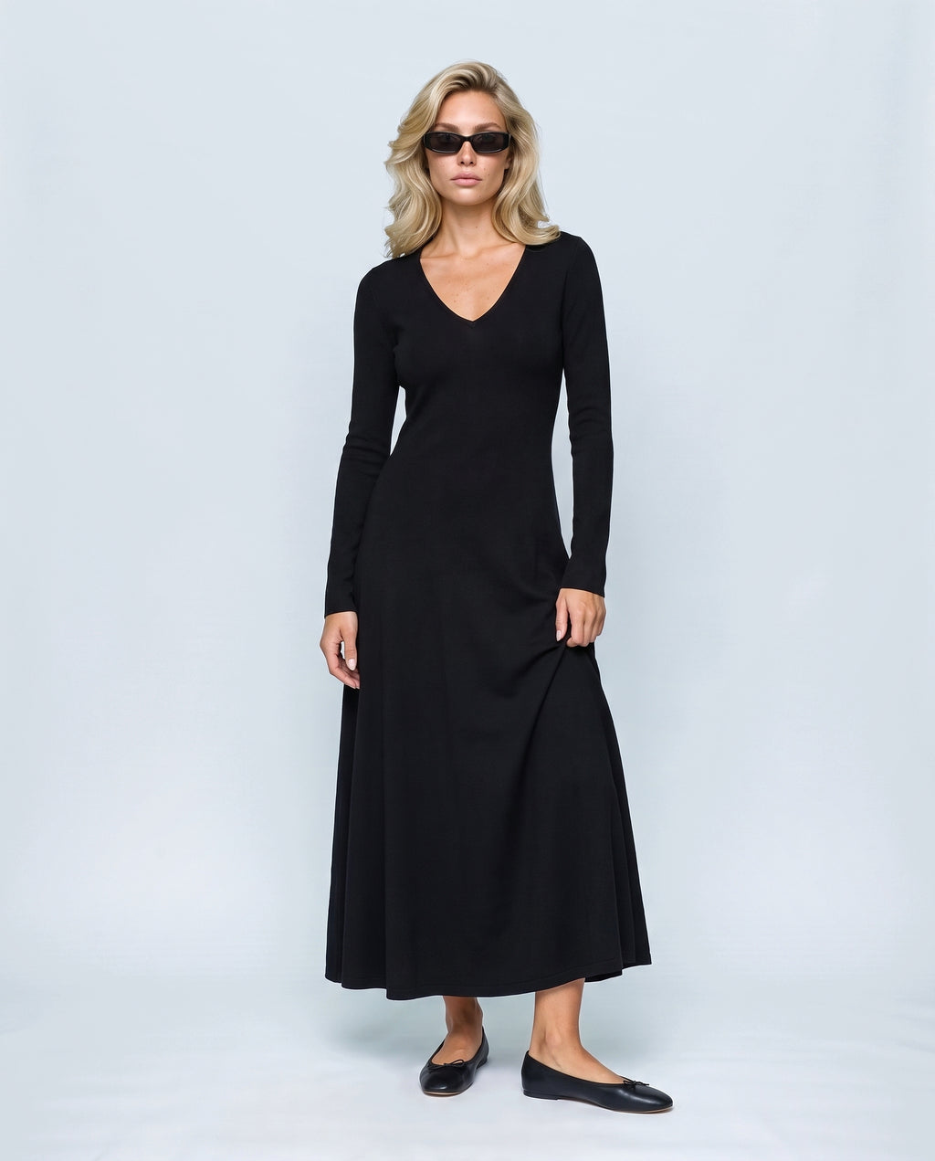 Sylvie V-Neck Knit Maxi Dress in Black, front view on a non-pregnant model