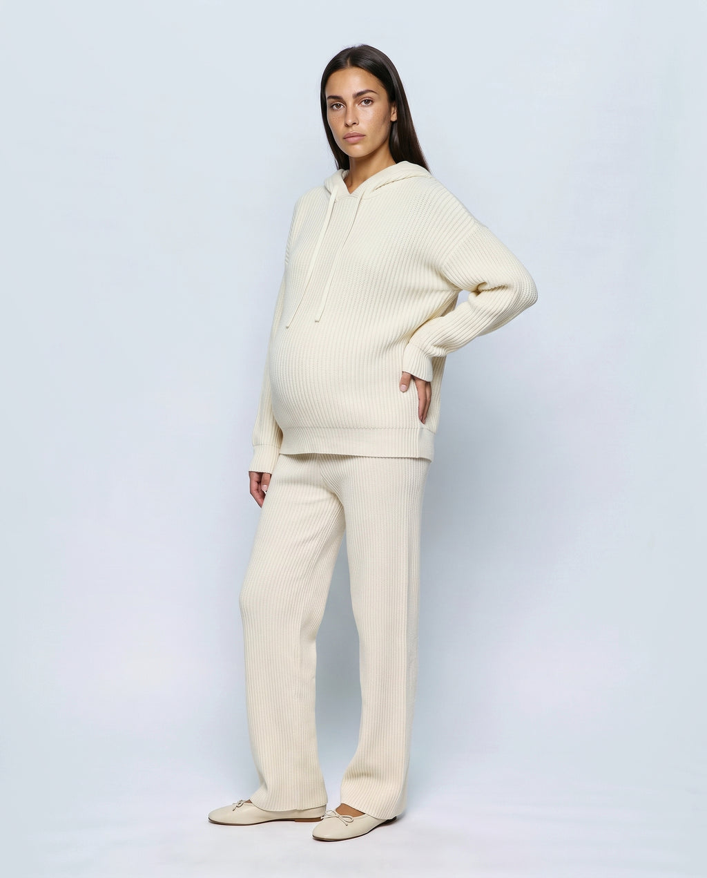 Mila Hooded Knit Trouser Set in Cream, front view
