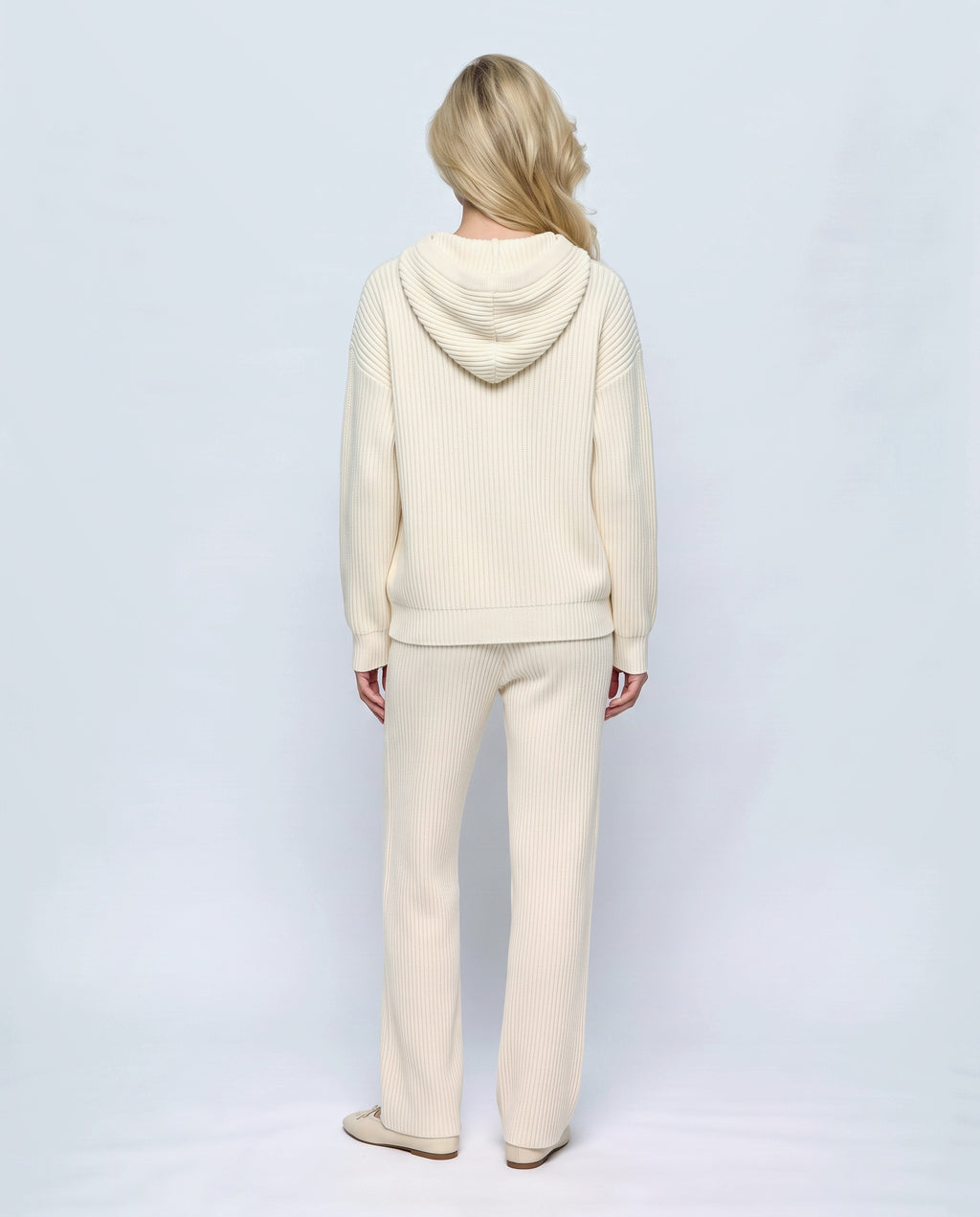 Mila Hooded Knit Trouser Set in Cream, back view on a non-pregnant model