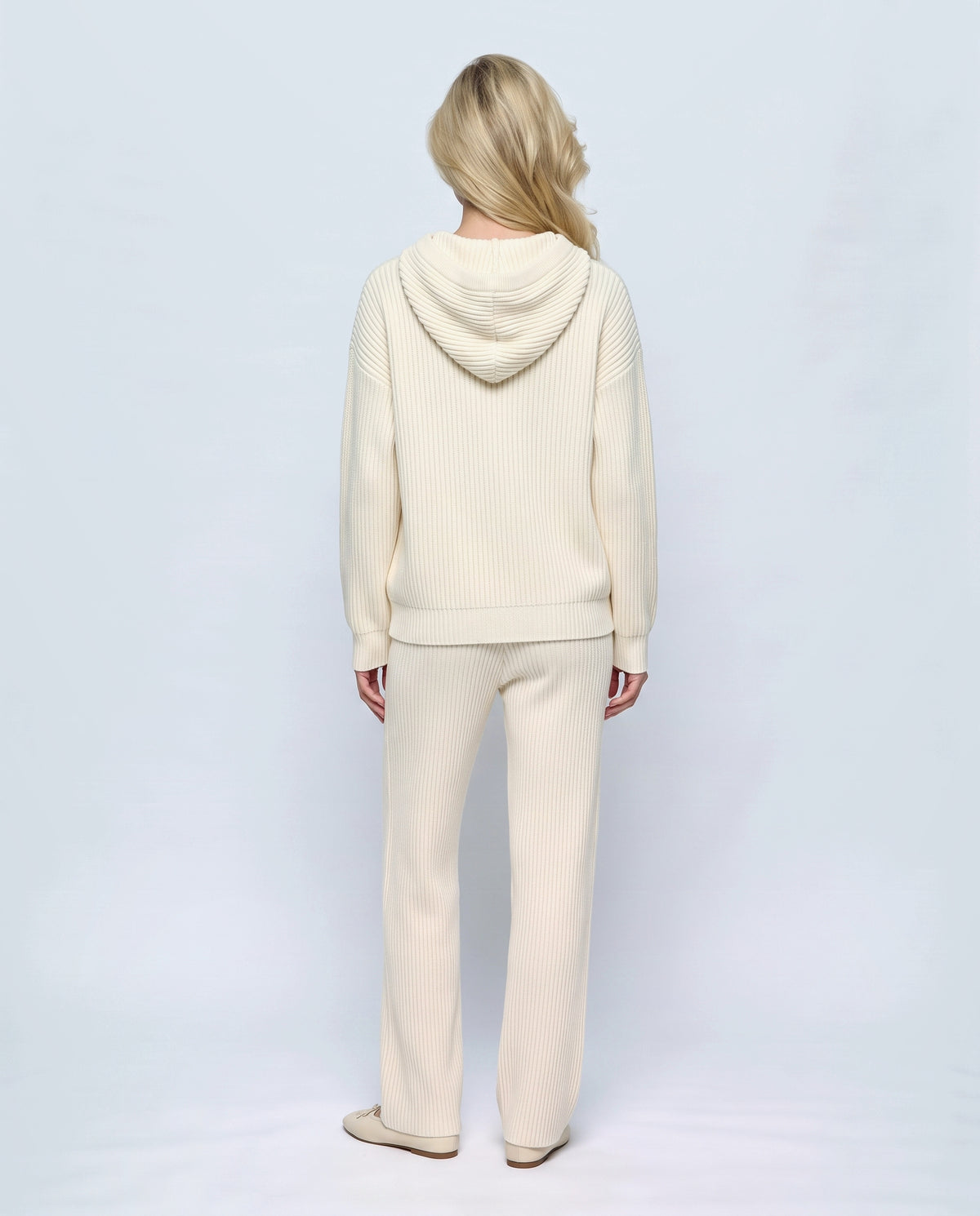 Mila Hooded Knit Trouser Set in Cream, back view on a non-pregnant model