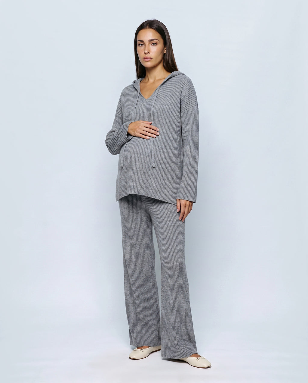 Mila Hooded Knit Trouser Set in Grey, front view