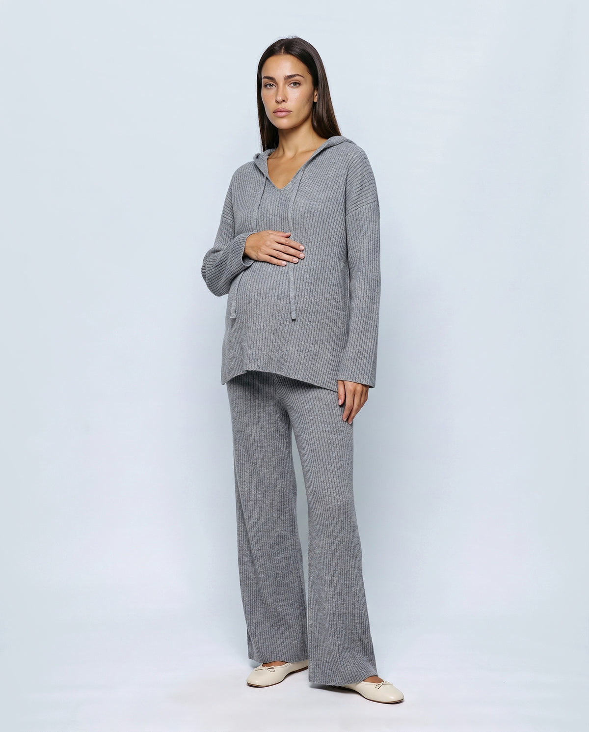 Mila Hooded Knit Trouser Set in Grey, front view