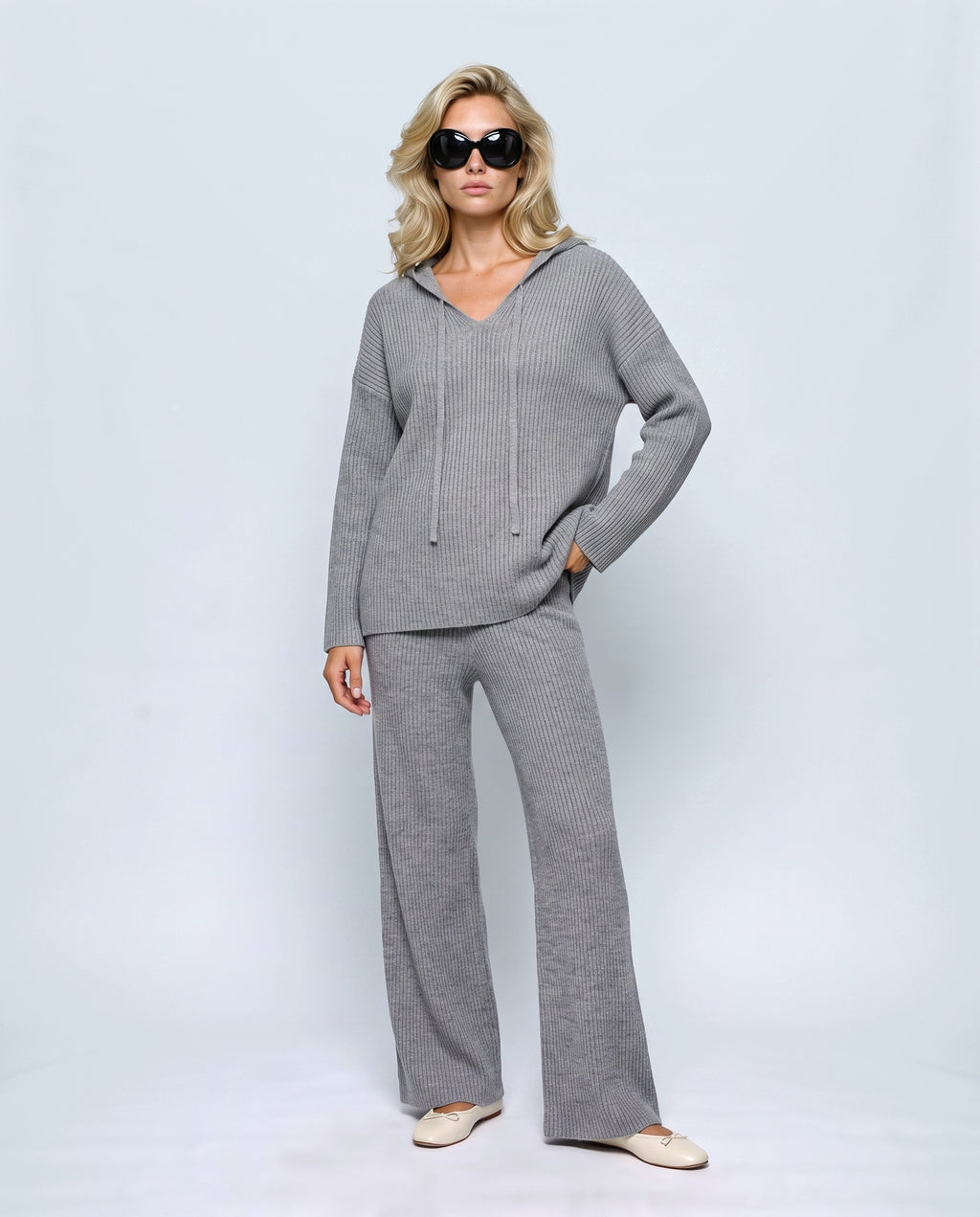Mila Hooded Knit Trouser Set in Grey, front view on a non-pregnant model
