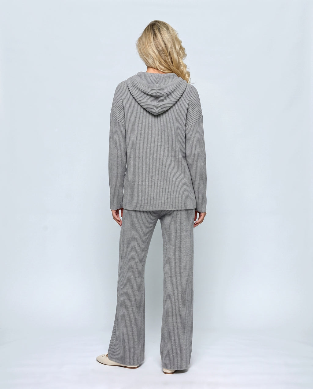 Mila Hooded Knit Trouser Set in Grey, back view on a non-pregnant model
