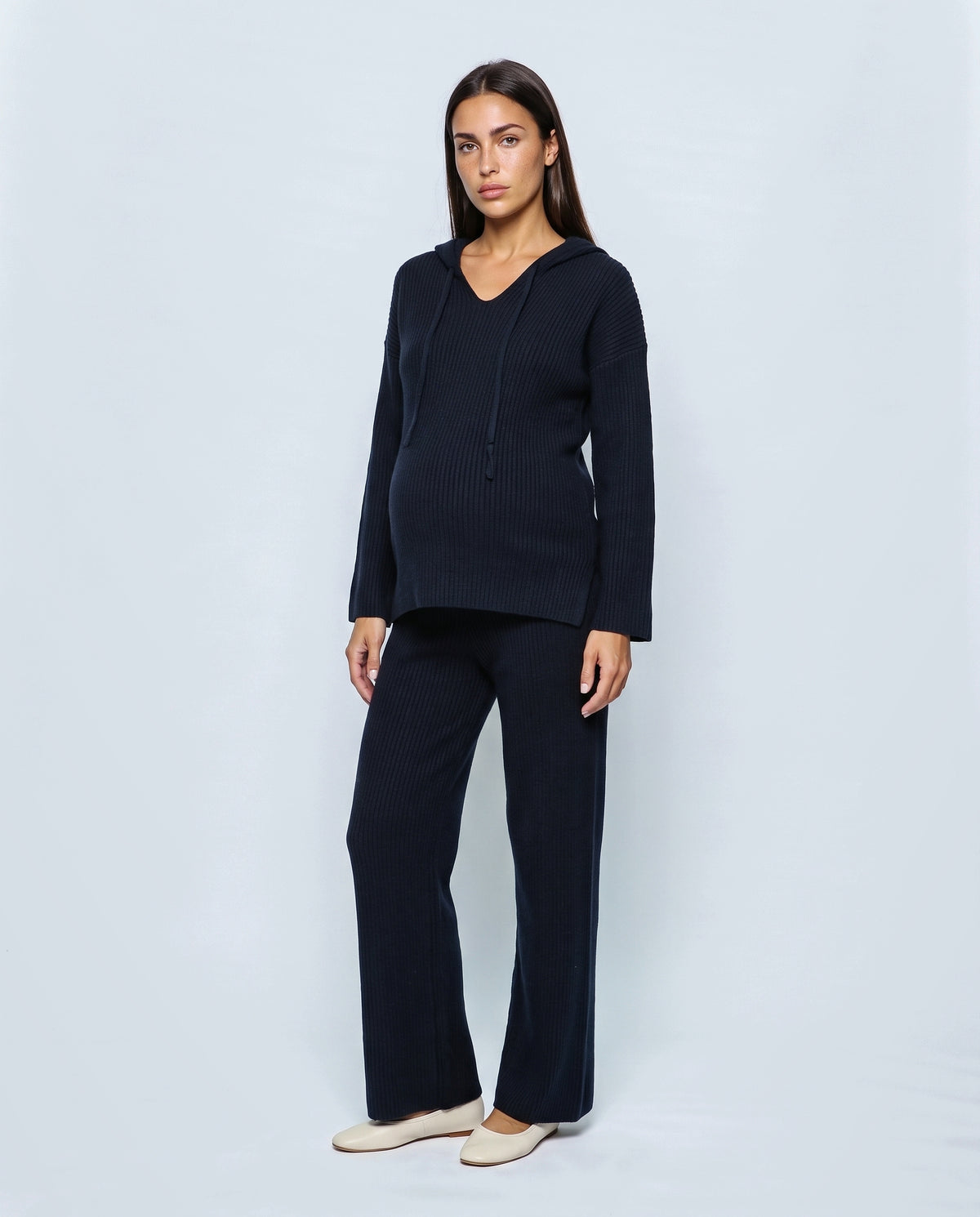 Mila Hooded Knit Trouser Set in Navy, front view
