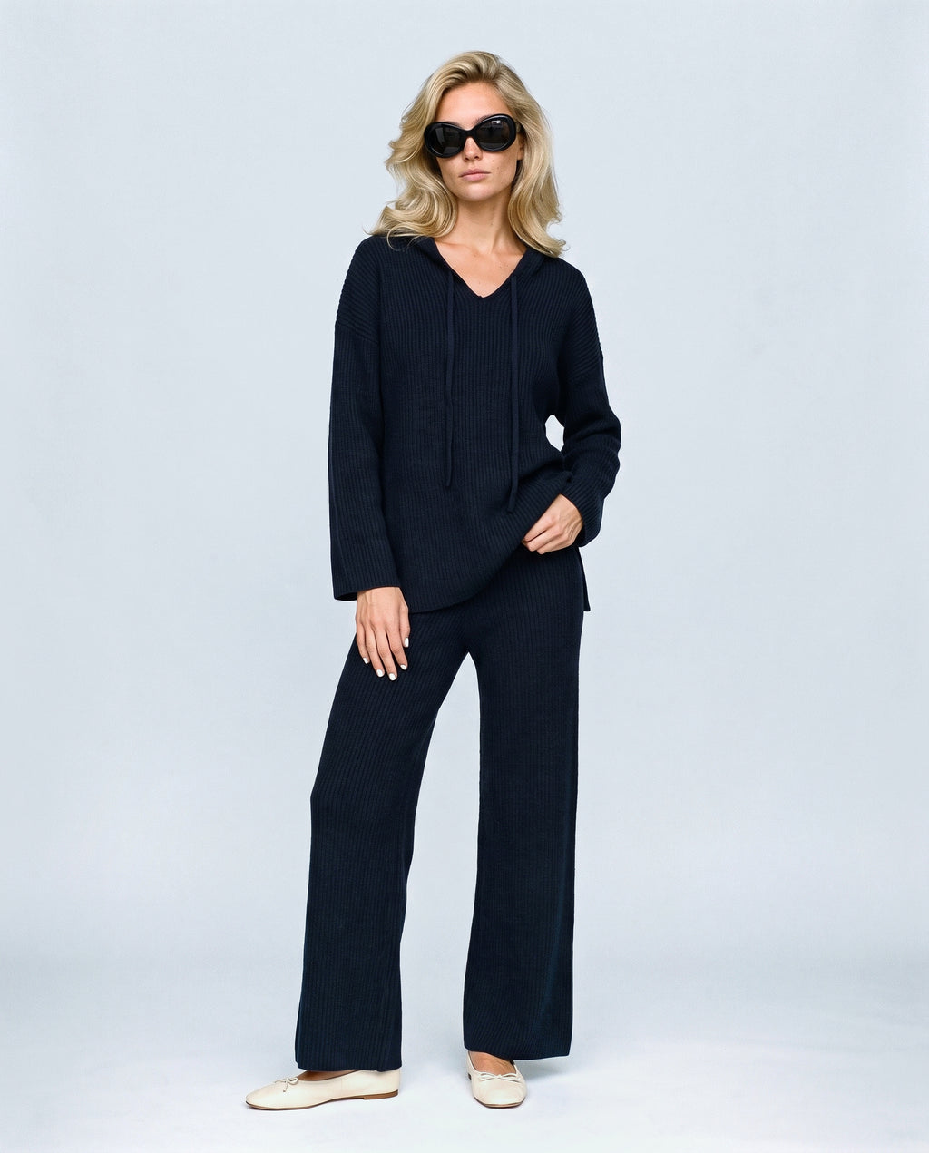 Mila Hooded Knit Trouser Set in Navy, front view on a non-pregnant model