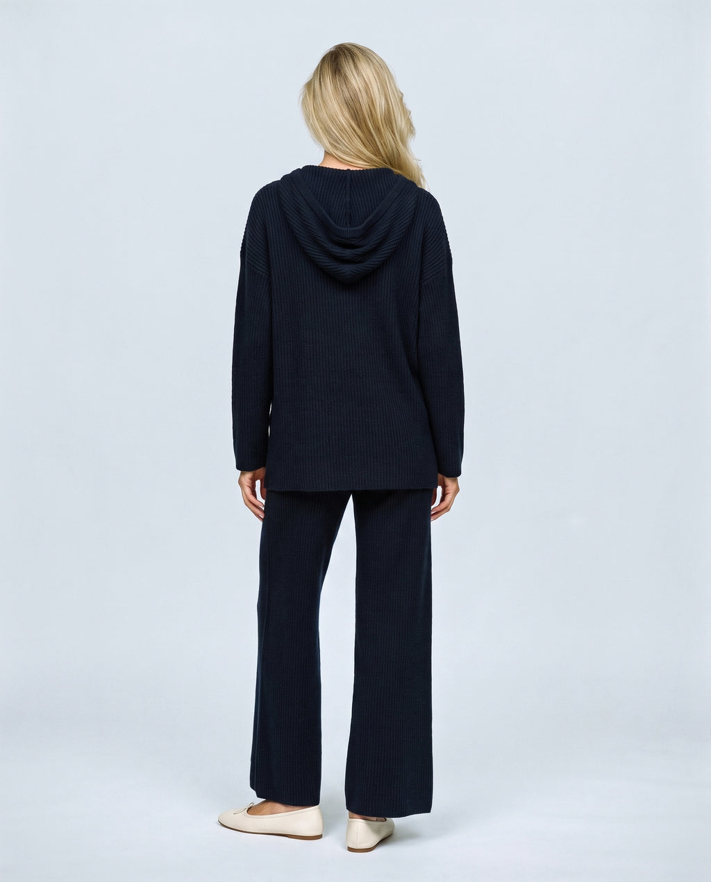 Mila Hooded Knit Trouser Set in Navy, back view on a non-pregnant model