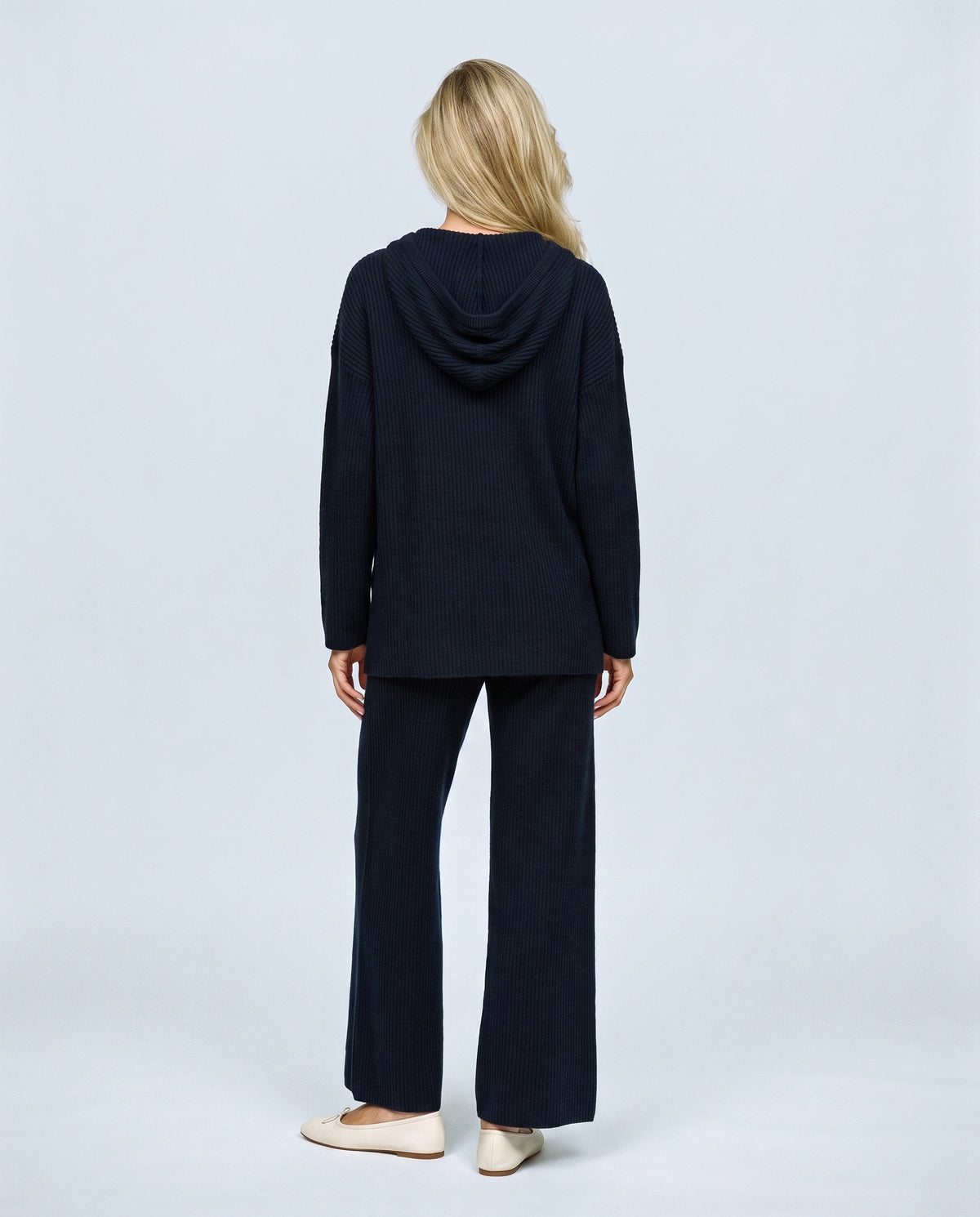 Mila Hooded Knit Trouser Set in Navy, back view on a non-pregnant model