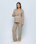 Mila Hooded Knit Trouser Set in Oatmeal khaki, front view