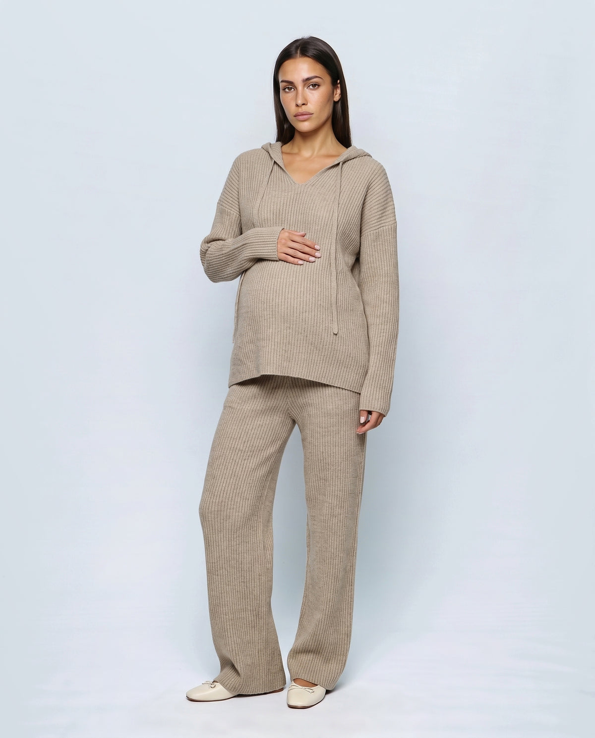 Mila Hooded Knit Trouser Set in Oatmeal khaki, front view