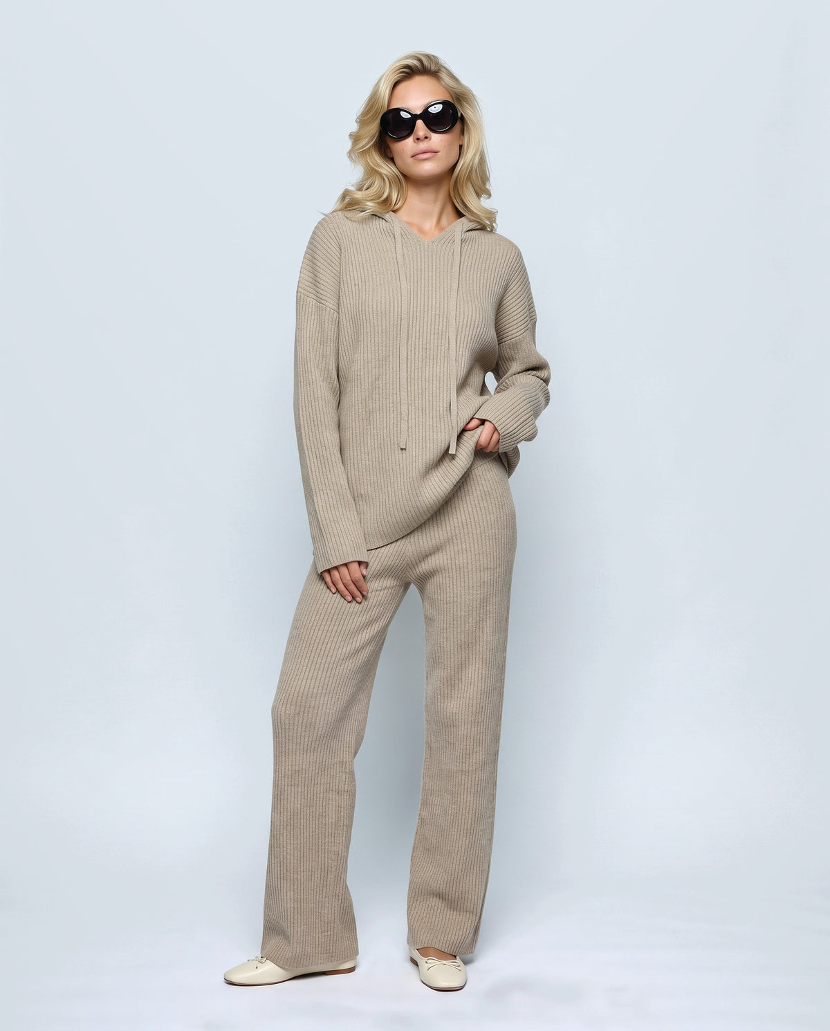 Mila Hooded Knit Trouser Set in Oatmeal khaki, front view on a non-pregnant model