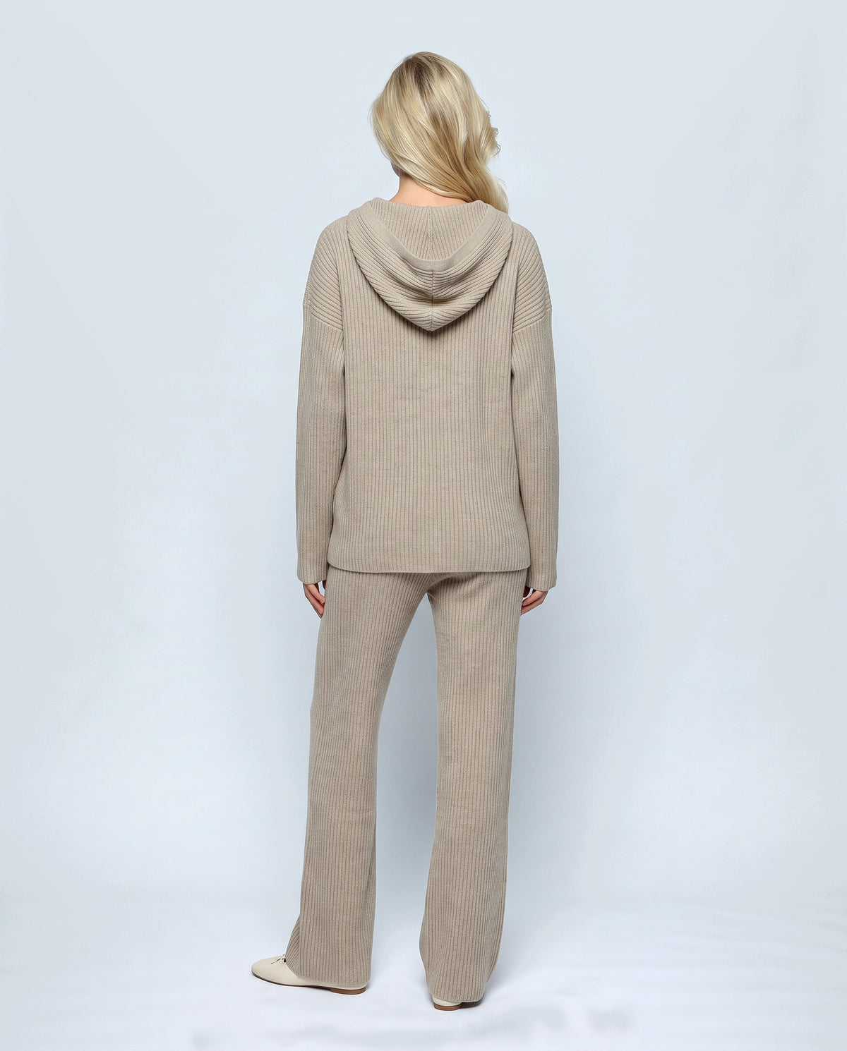 Mila Hooded Knit Trouser Set in Oatmeal khaki, back view on a non-pregnant model