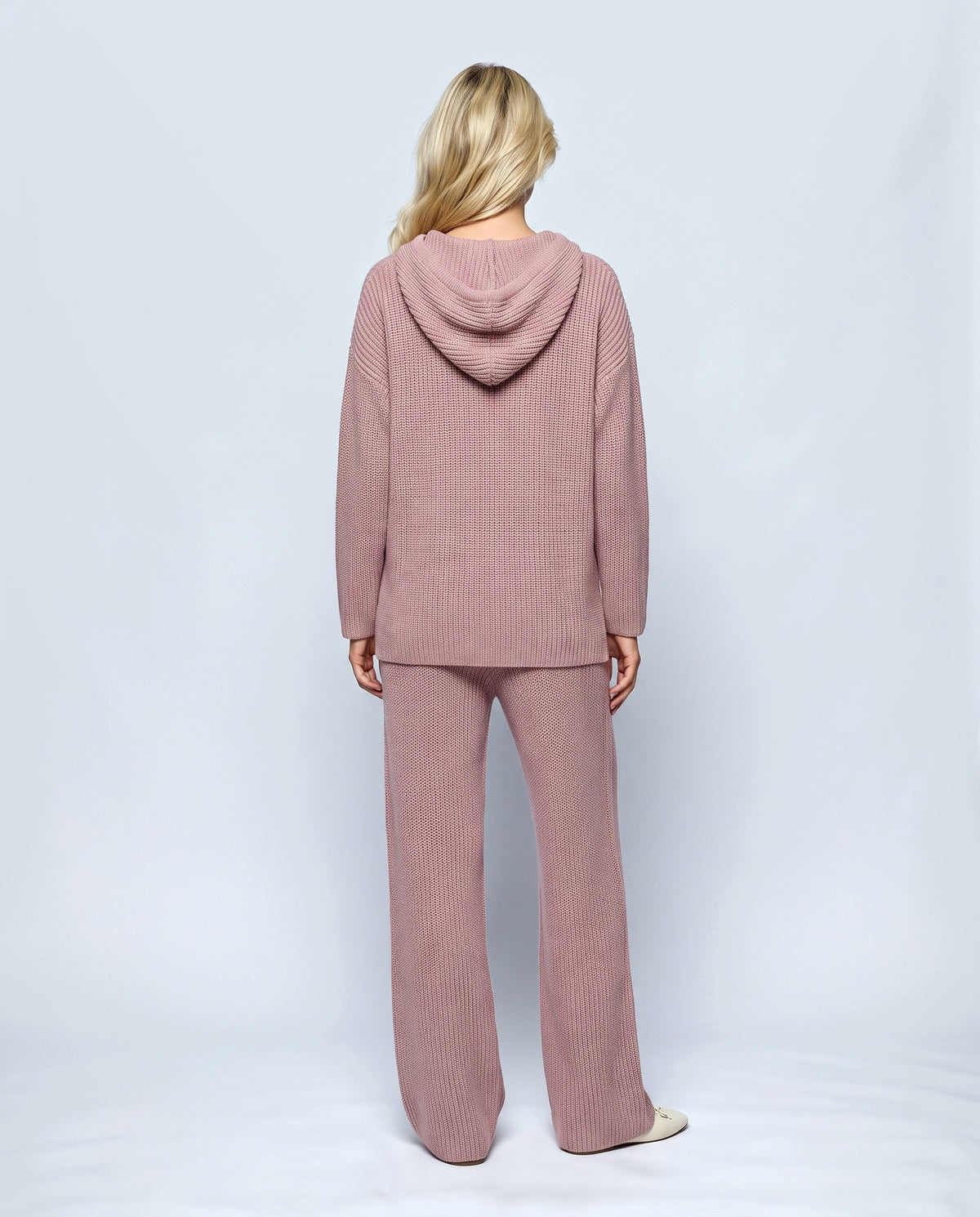 Mila Hooded Knit Trouser Set in Rose, back view on a non-pregnant model