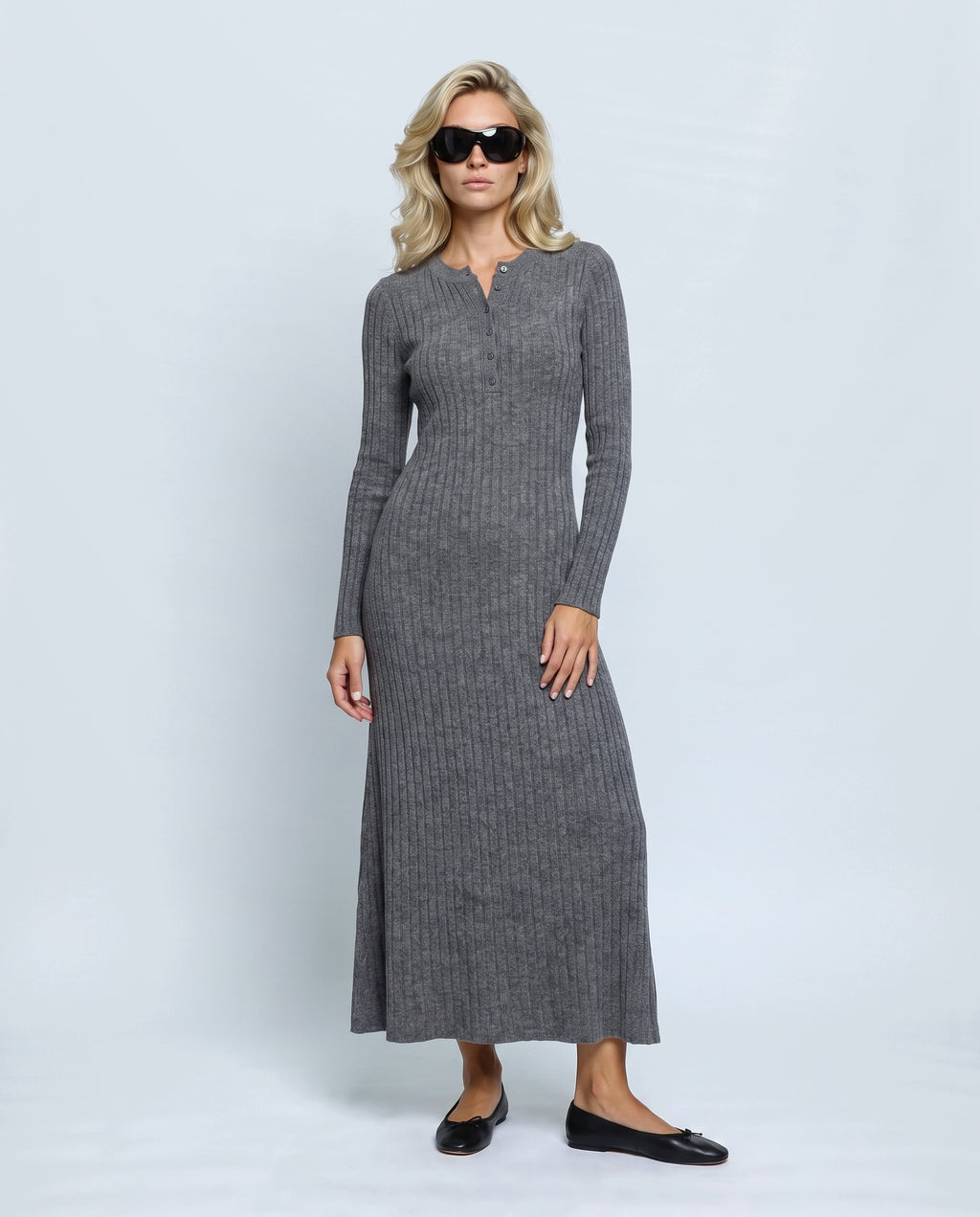 The Longline Knit Dress in Charcoal grey, front view on a non-pregnant model