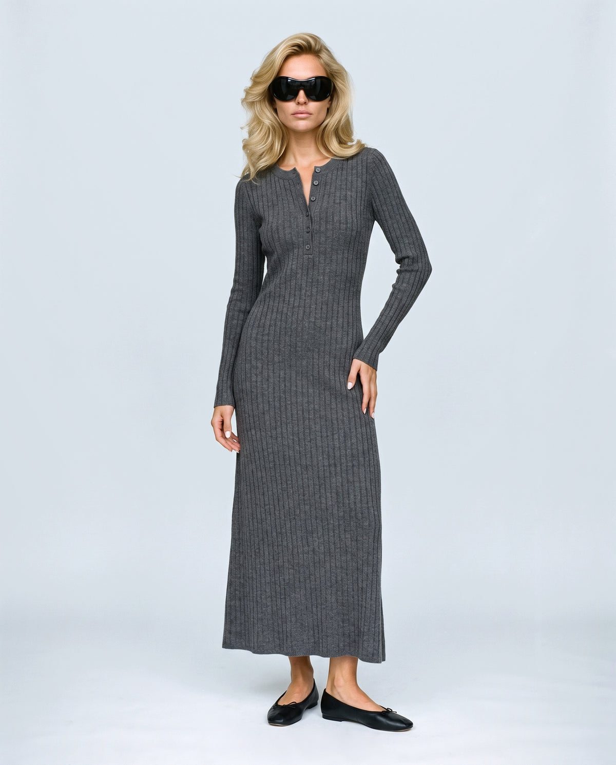 The Longline Knit Dress in Charcoal grey, front view on a non-pregnant model