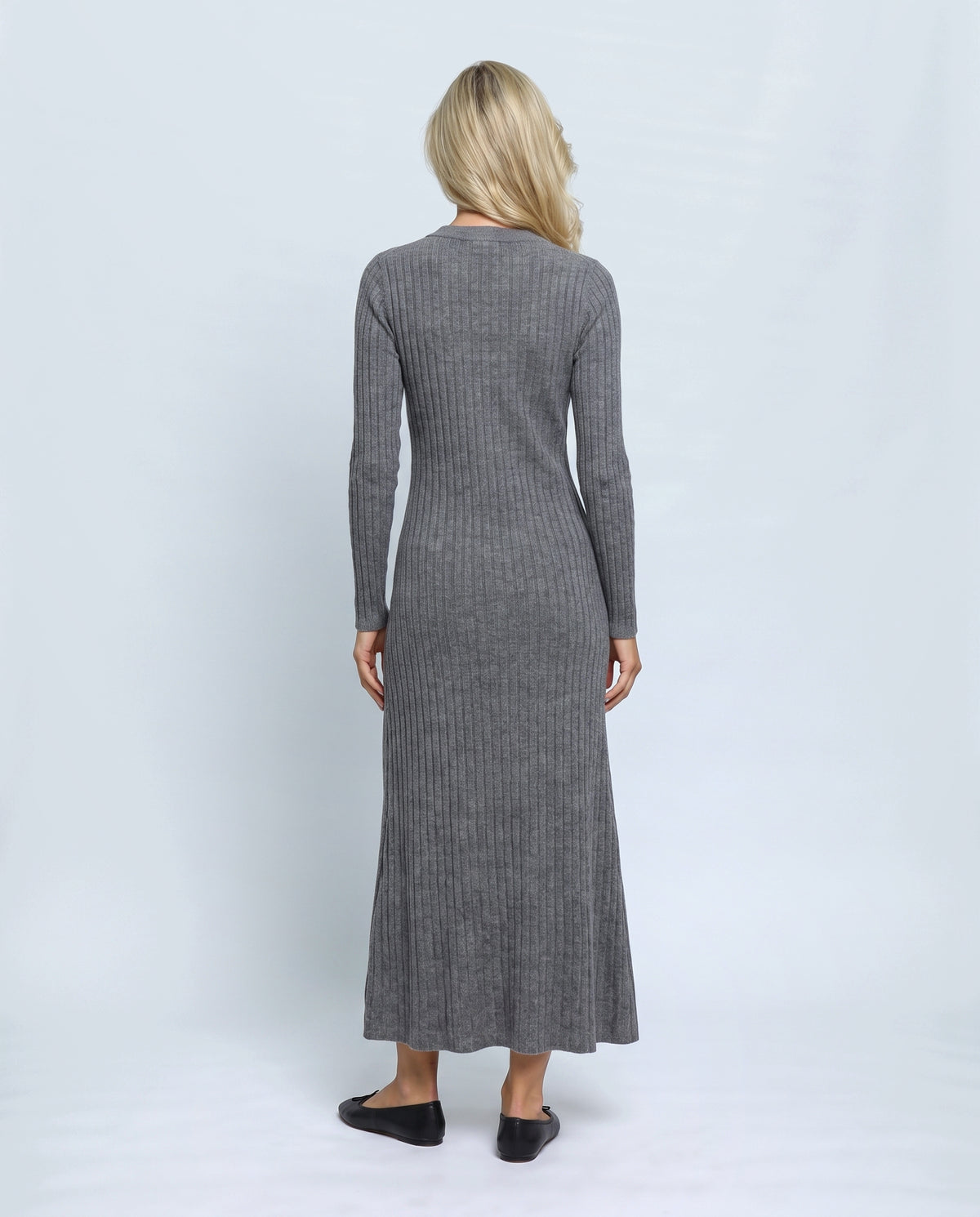 The Longline Knit Dress in Charcoal grey, back view on a non-pregnant model