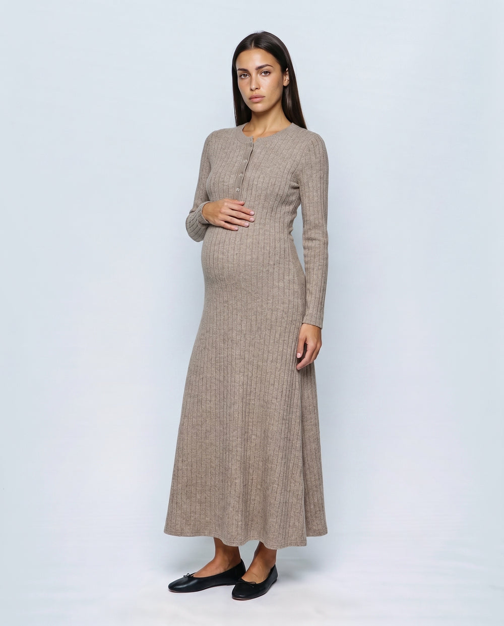 The Longline Knit Dress in Oatmeal camel, front view