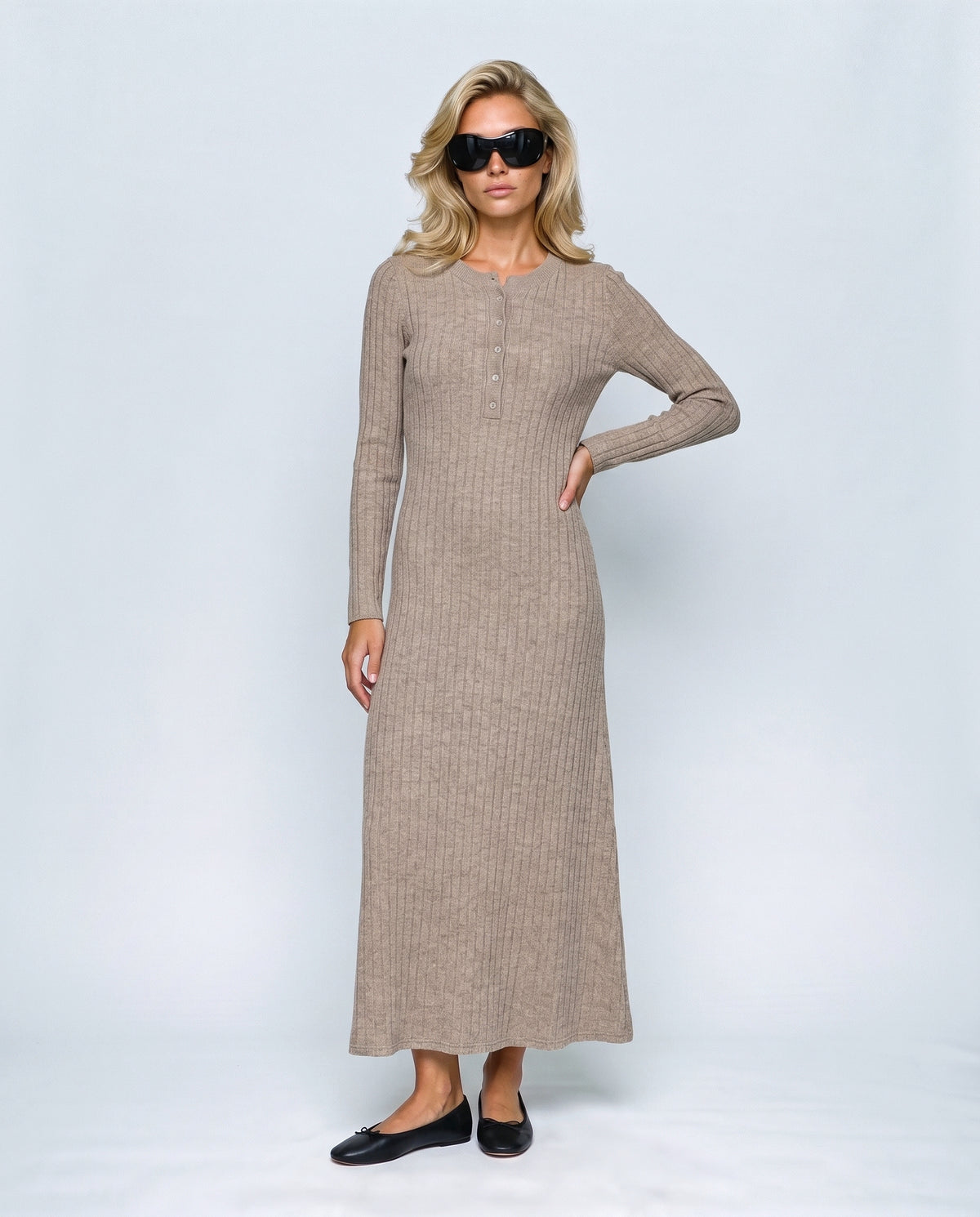 The Longline Knit Dress in Oatmeal camel, front view on a non-pregnant model