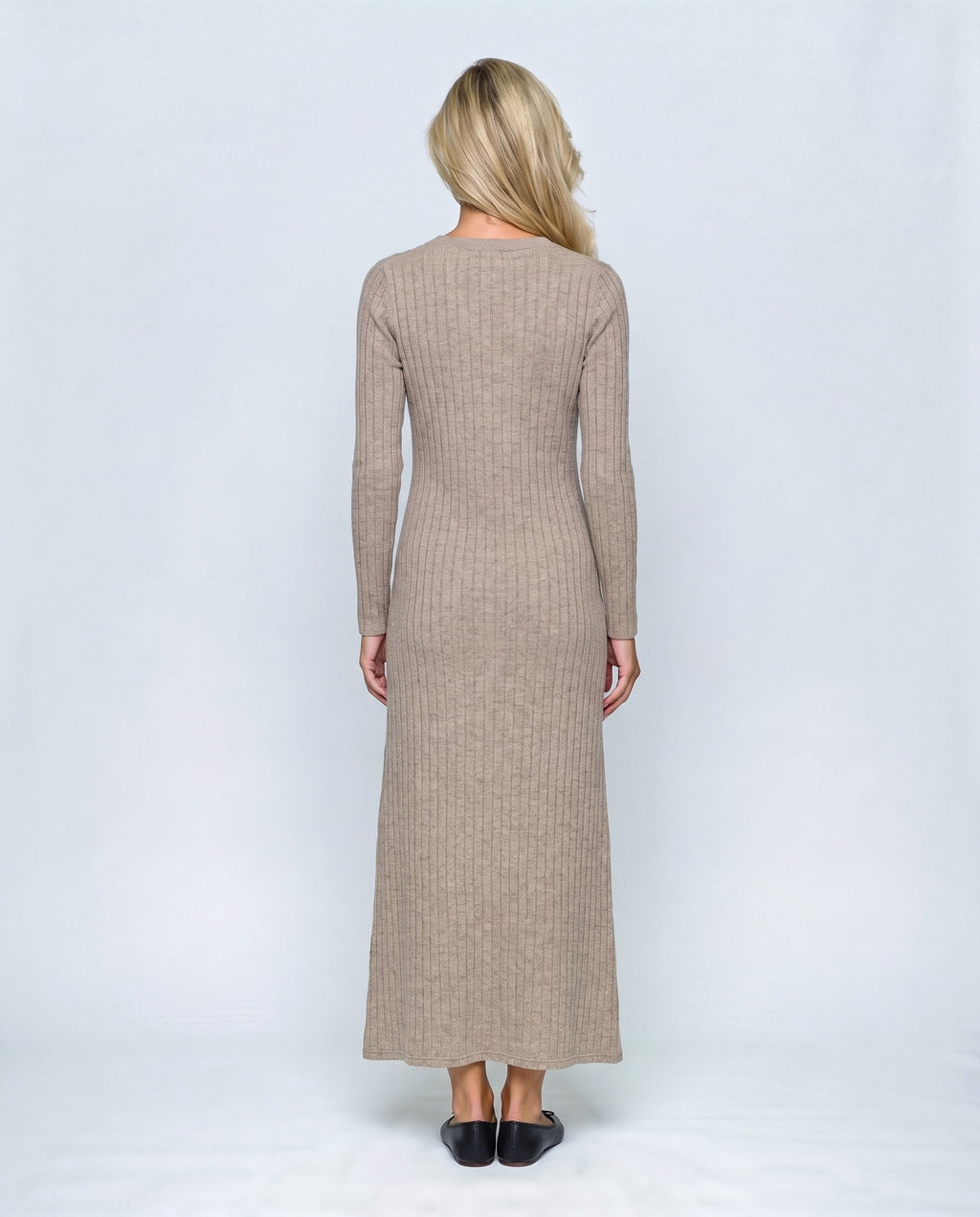 The Longline Knit Dress in Oatmeal camel, back view on a non-pregnant model