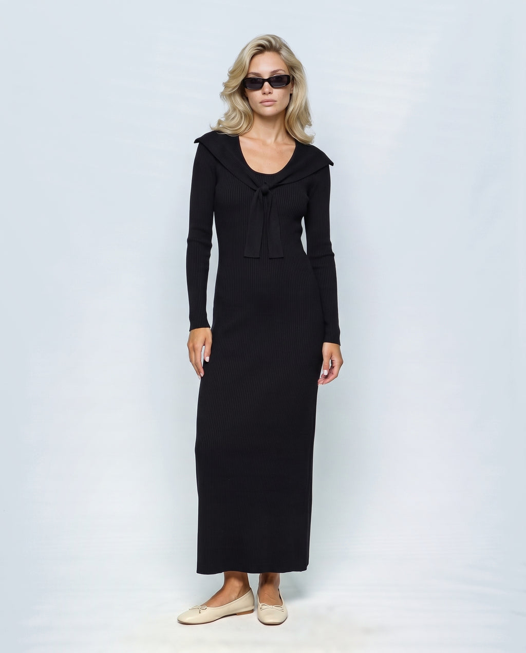 Manon Layered-Look Knit Dress in Black, front view on a non-pregnant model