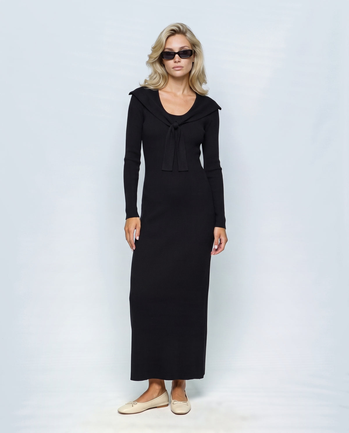 Manon Layered-Look Knit Dress in Black, front view on a non-pregnant model