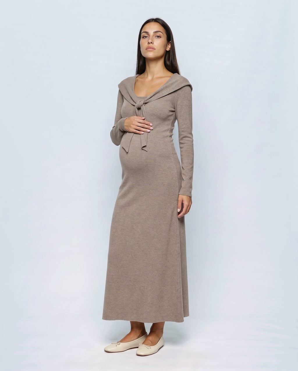 Manon Layered-Look Knit Dress in Taupe camel, front view