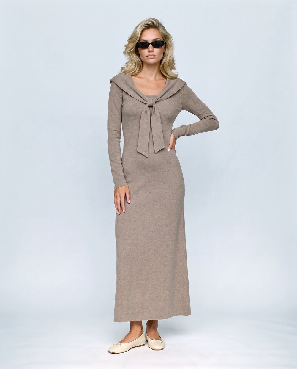 Manon Layered-Look Knit Dress in Taupe camel, front view on a non-pregnant model