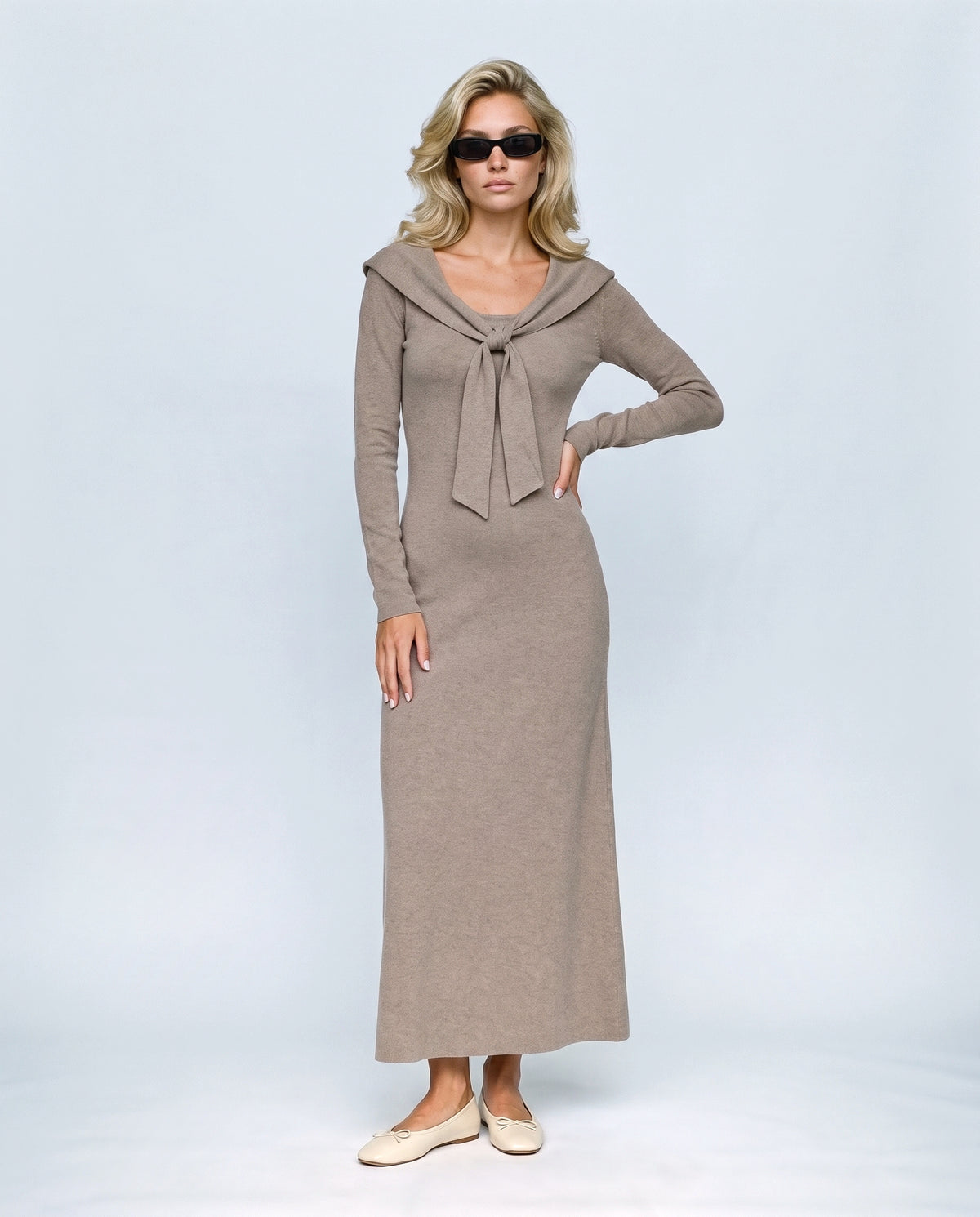 Manon Layered-Look Knit Dress in Taupe camel, front view on a non-pregnant model