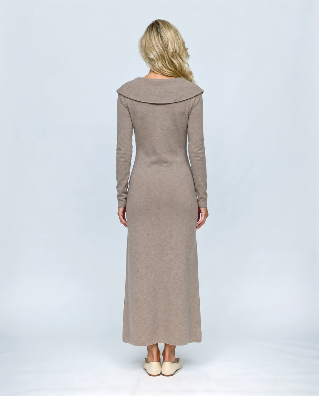 Manon Layered-Look Knit Dress in Taupe camel, back view on a non-pregnant model