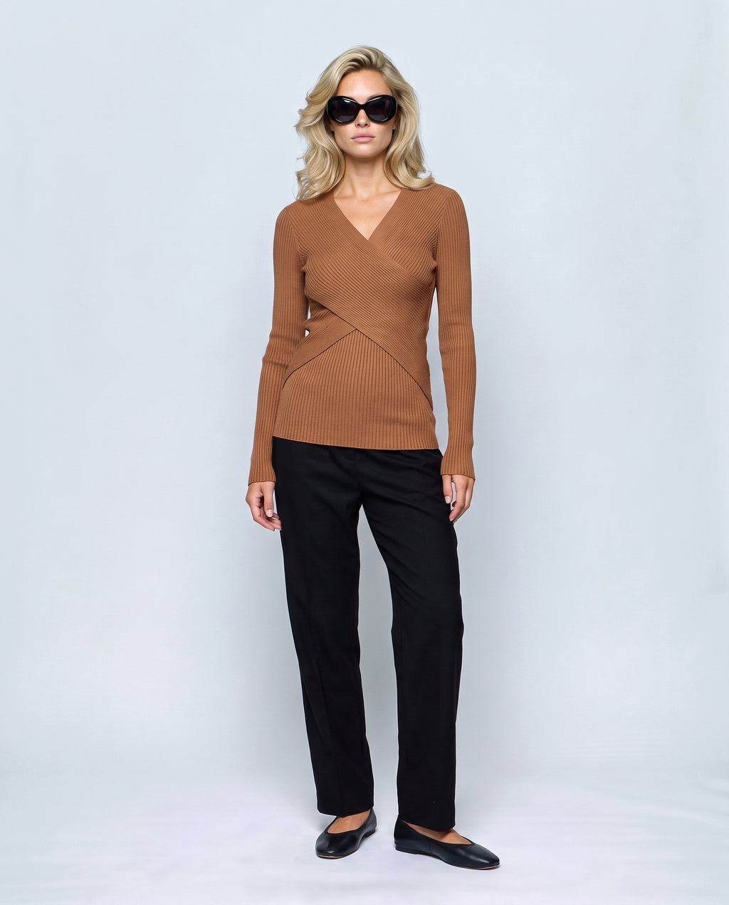 Clara Cross-Front Nursing Sweater in Caramel, front view on a non-pregnant model