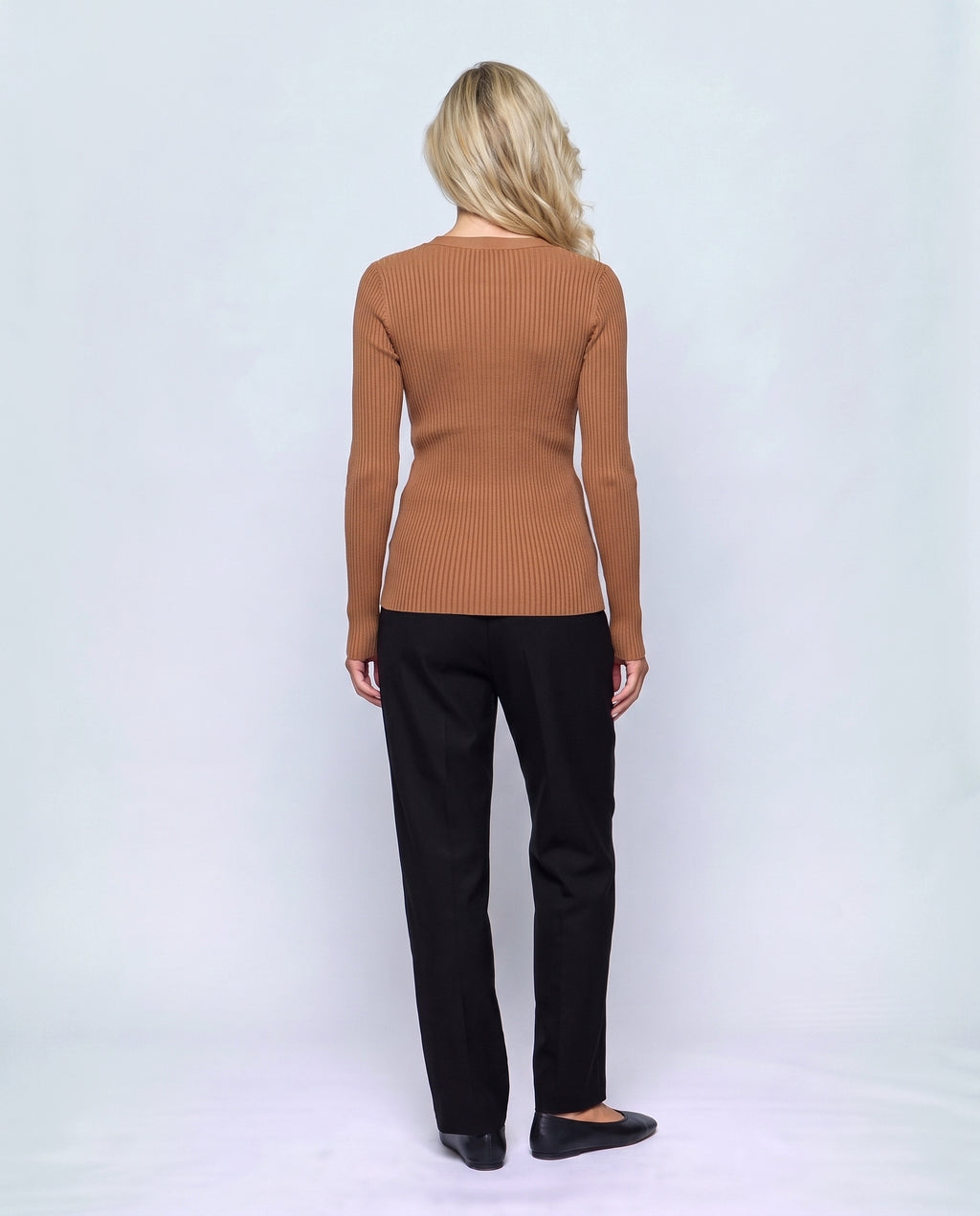 Clara Cross-Front Nursing Sweater in Caramel, back view on a non-pregnant model