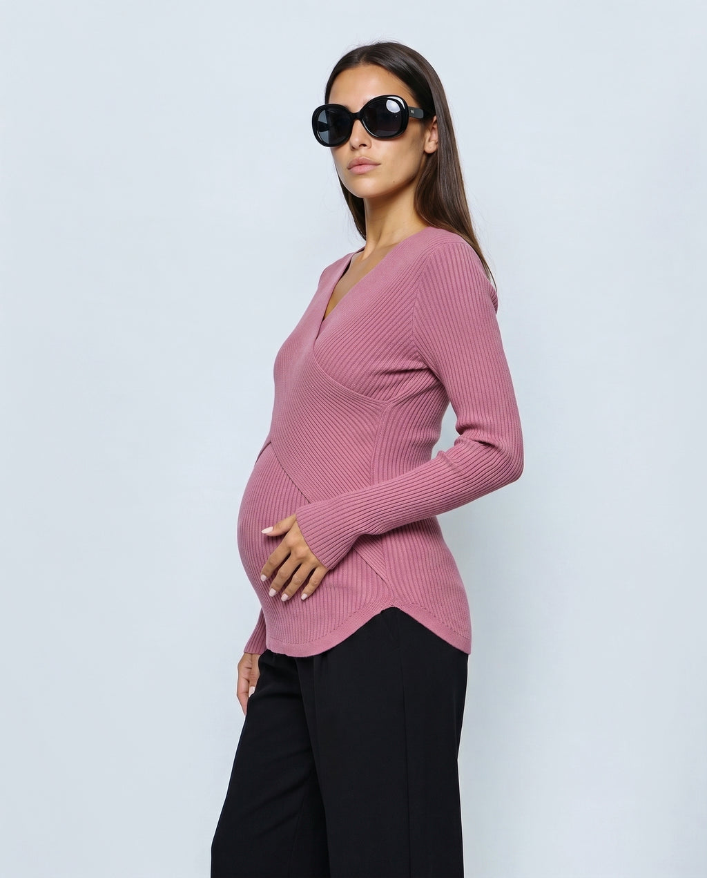 Clara Cross-Front Nursing Sweater in Dusty rose, side close-up