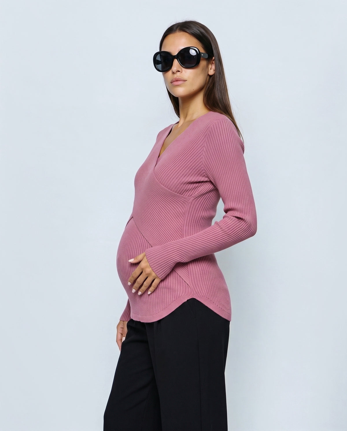Clara Cross-Front Nursing Sweater in Dusty rose, side close-up