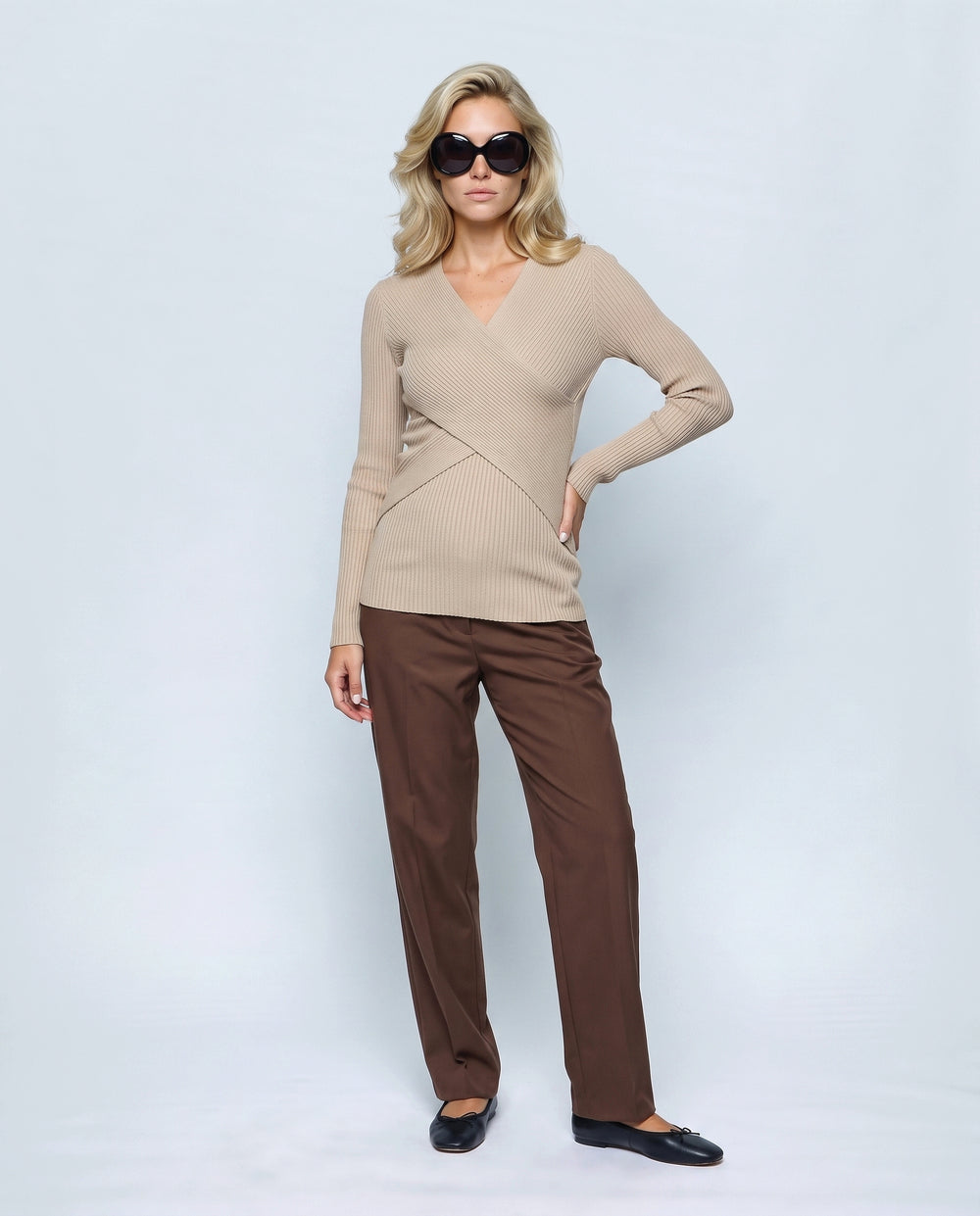 Clara Cross-Front Nursing Sweater in Oatmeal beige, front view on a non-pregnant model