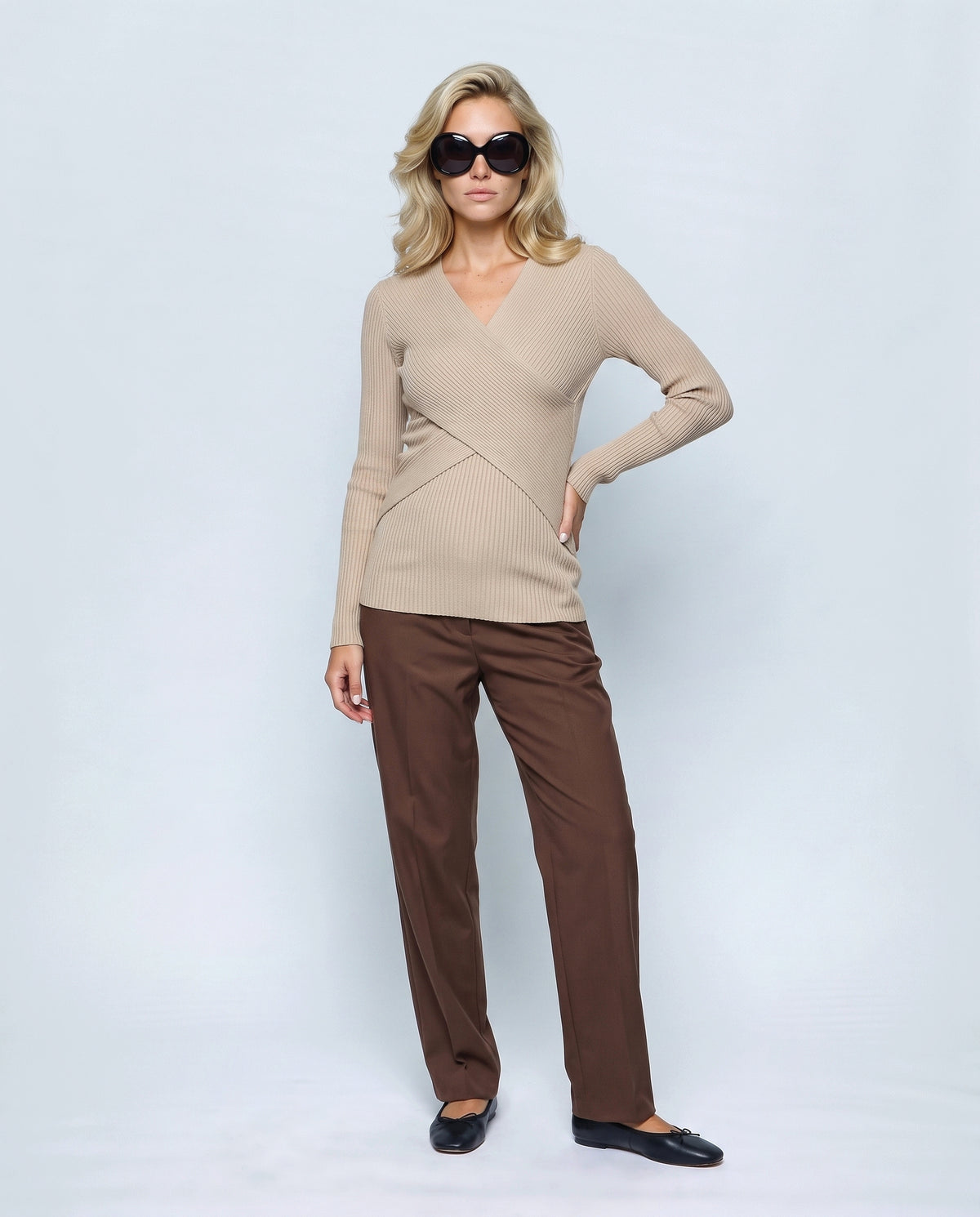 Clara Cross-Front Nursing Sweater in Oatmeal beige, front view on a non-pregnant model