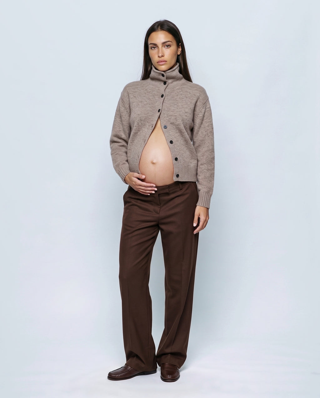 The Heritage Button Cardigan in Oatmeal camel, front view