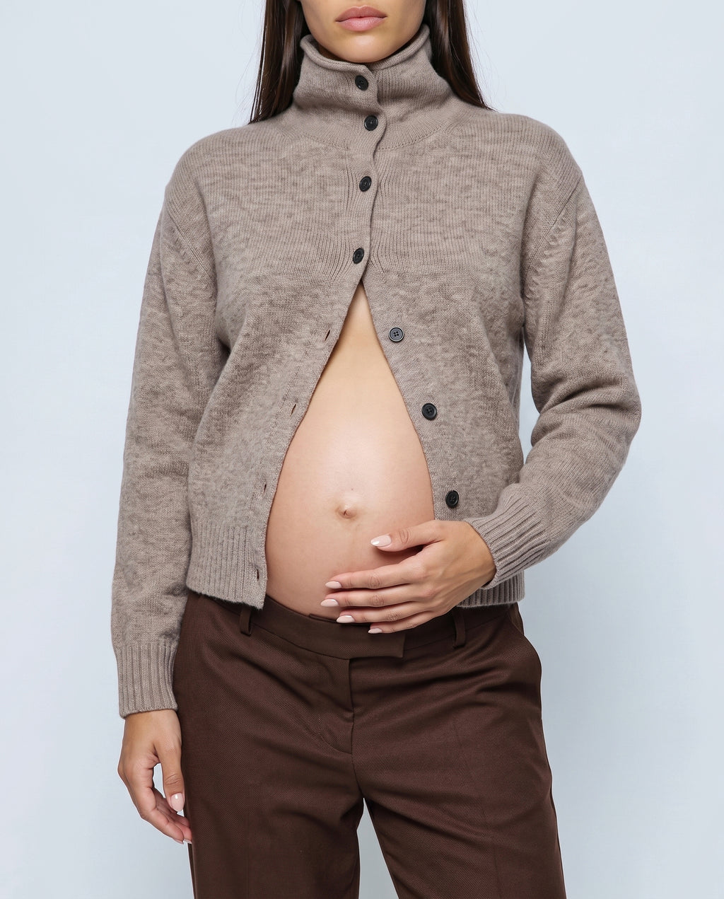 The Heritage Button Cardigan in Oatmeal camel, fabric detail
