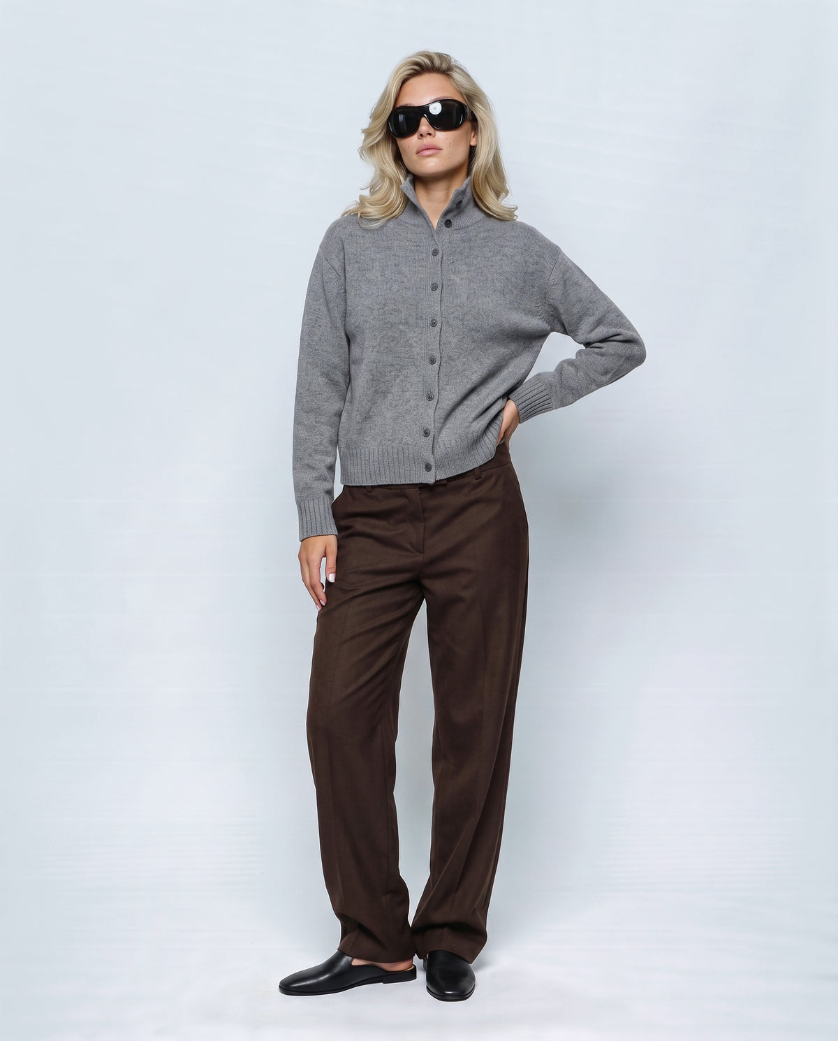 The Heritage Button Cardigan in Paris grey, front view on a non-pregnant model