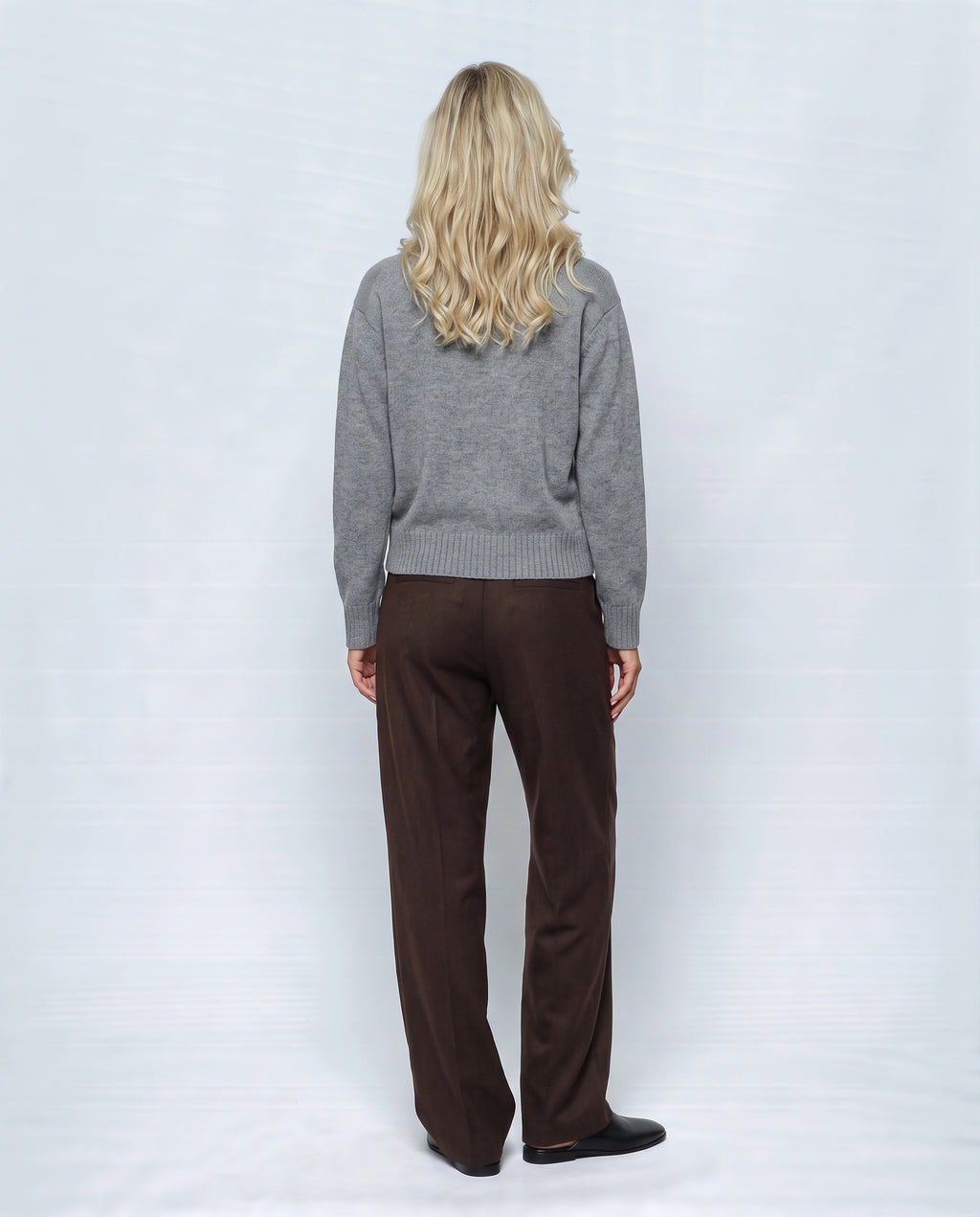 The Heritage Button Cardigan in Paris grey, back view on a non-pregnant model