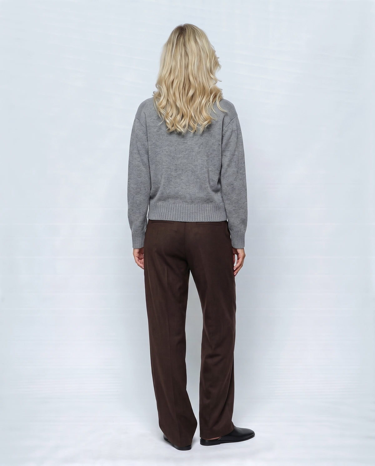 The Heritage Button Cardigan in Paris grey, back view on a non-pregnant model