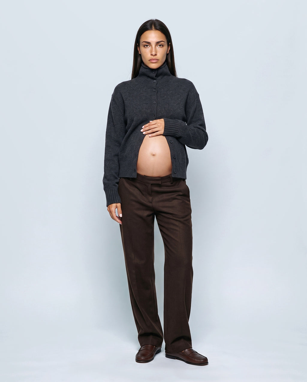 The Heritage Button Cardigan in Smoke charcoal, front view