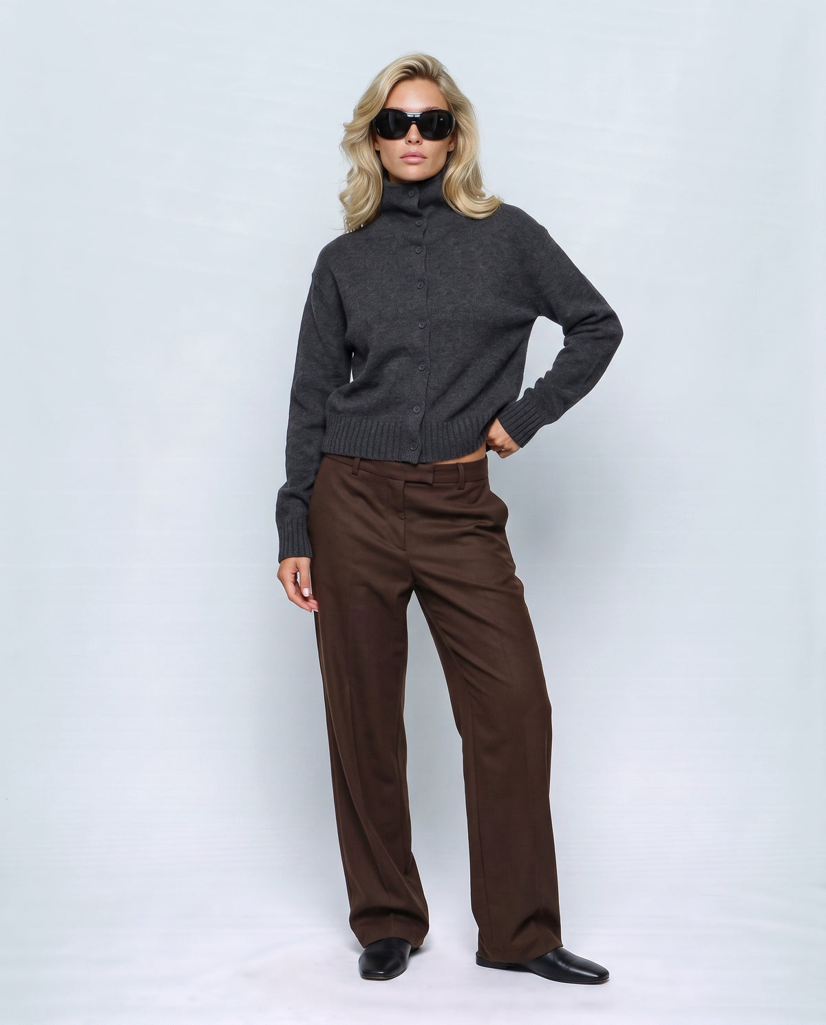 The Heritage Button Cardigan in Smoke charcoal, front view on a non-pregnant model