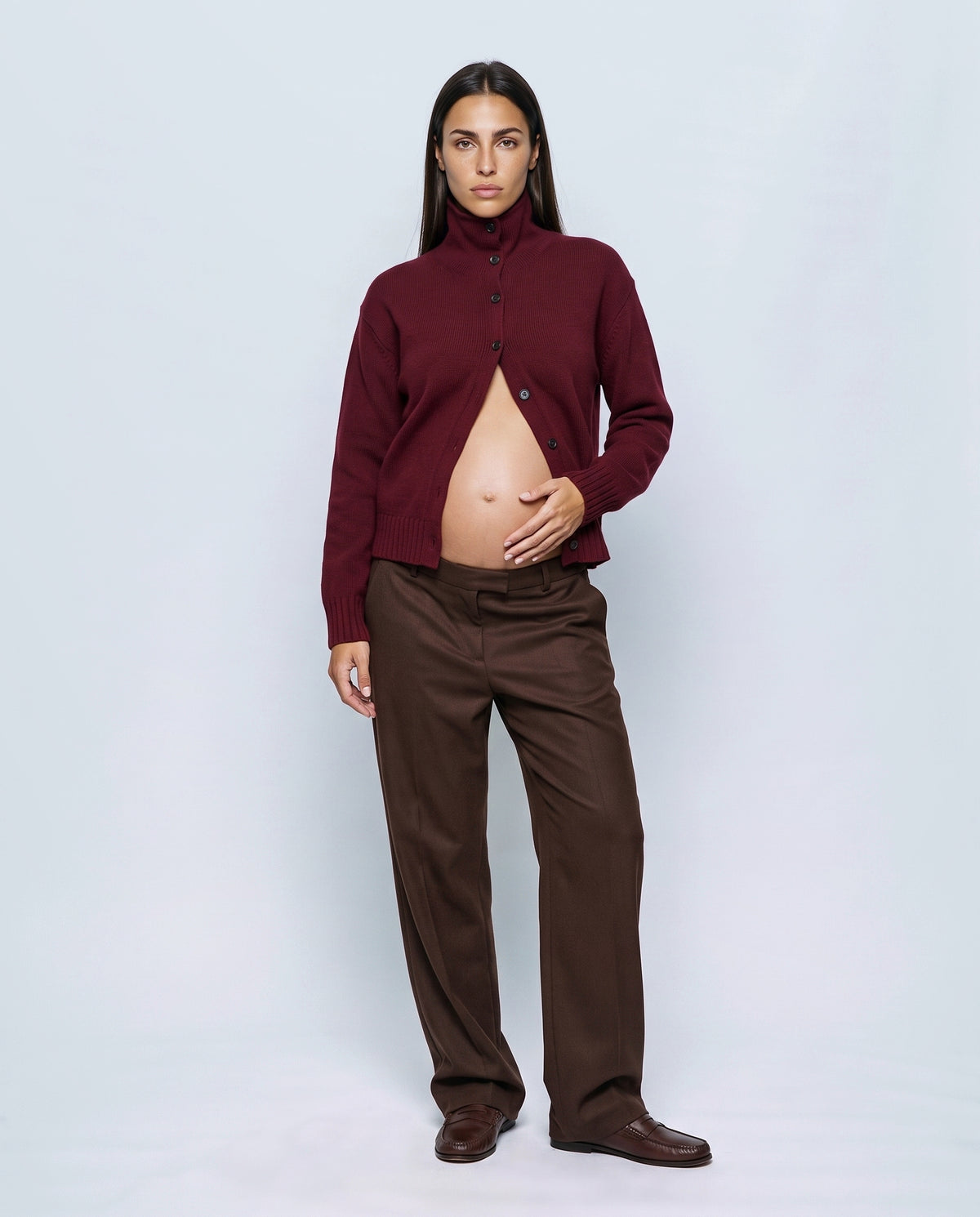The Heritage Button Cardigan in Vintage burgundy, front view